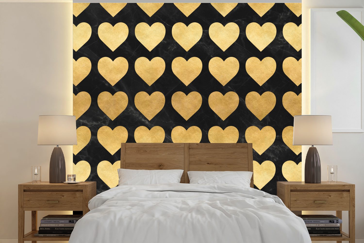 Wohnzimmer Vinyl MuchoWow oder - Muster Wandtapete Schlafzimmer, Matt, Schwarz, für bedruckt, Herz (5 Tapete - Gold Fototapete - St),