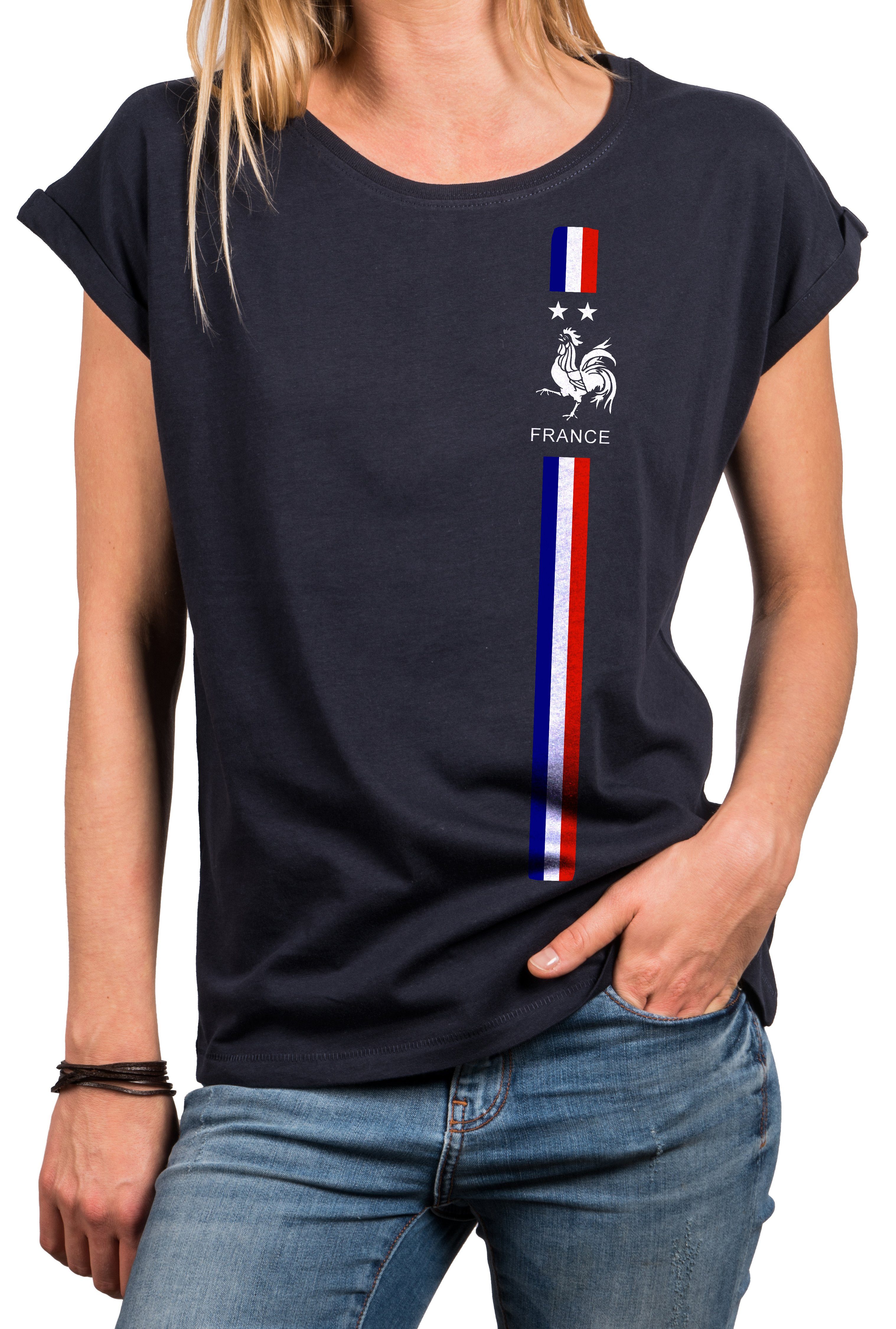Blau Print-Shirt Top MAKAYA Trikot Tunika, Frankreich Fahne Baumwolle Kurzarmshirt Damen Flagge große Größen