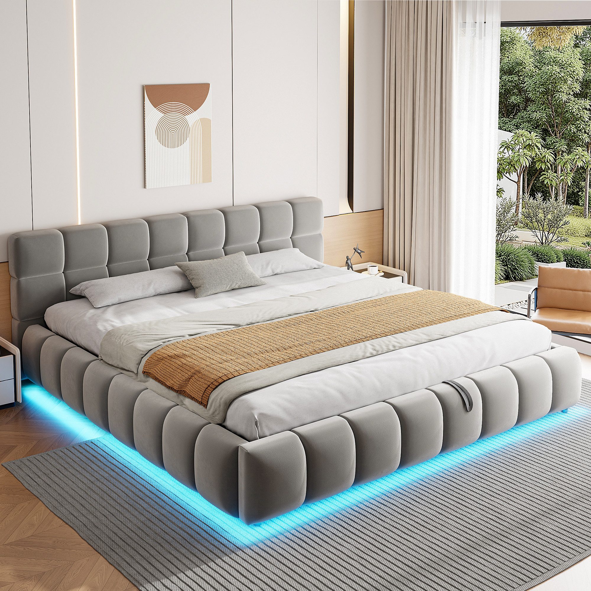 Merax Polsterbett mit LED-Licht & hydraulischem Stauraum (1-tlg), Doppelbett 180×200cm mit voluminösem Kopfteil, Mehrzweckbett, Samt