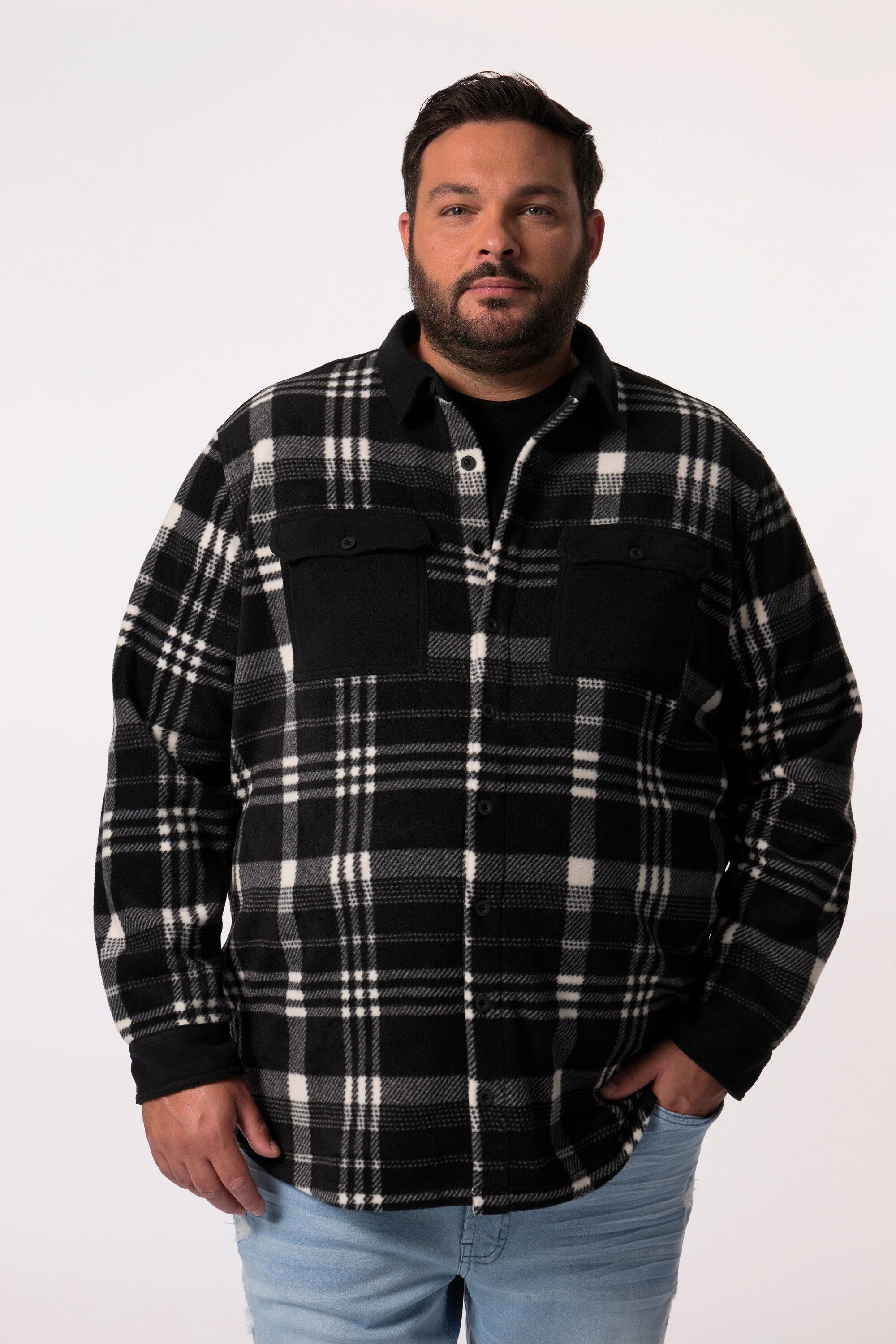 Men Plus Businesshemd Karo-Fleeceovershirt Langarm Kentkragen