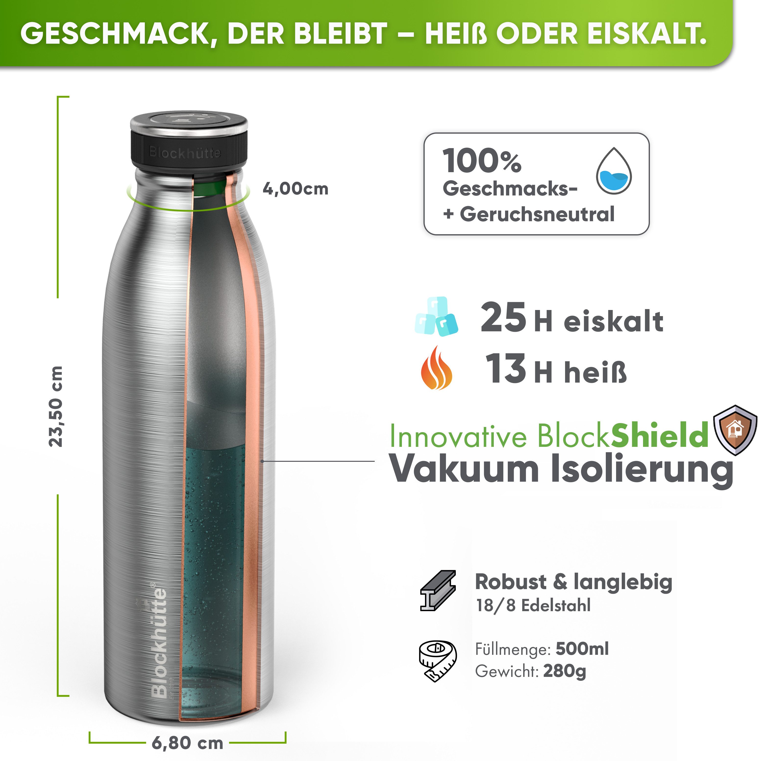 Blockhütte Isolierflasche Sportflasche - Trinkflasche Edelstahl - Edelstahl Trinkflasche Kinder, Auslaufsicher, 13 Stunden heiß, 25 Stunden kalt – Bild 4 von 5