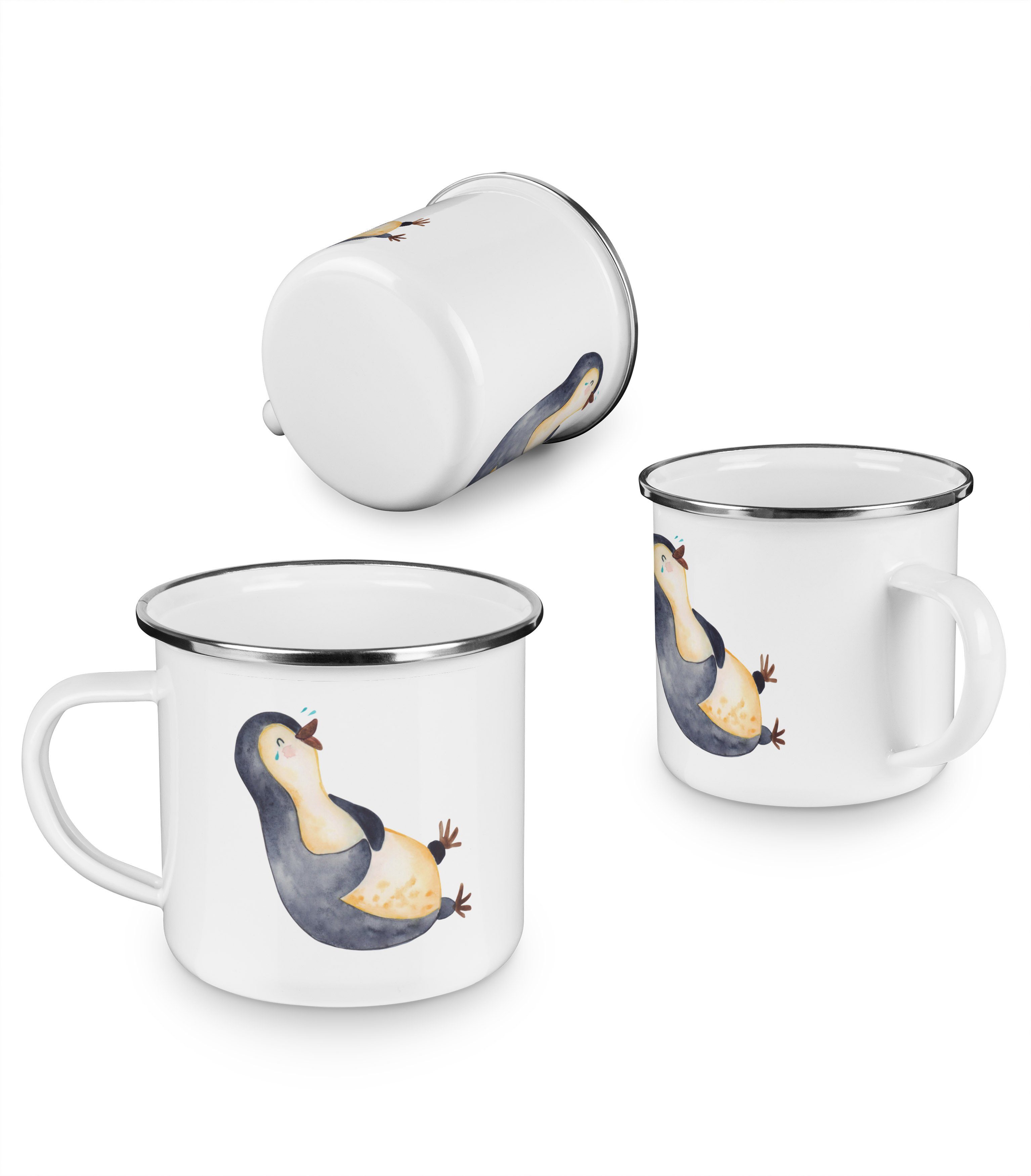 Mrs. lachend Pinguin Emaille Campingbecher, - funny, Geschenk, - Panda Becher Weiß & Opti, Emaille Mr.