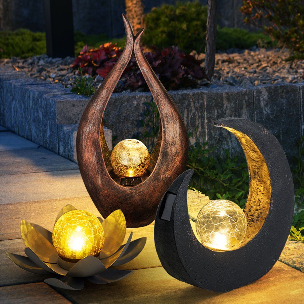 Globo LED Solarleuchte, LED-Leuchtmittel fest verbaut, Warmweiß, 3x LED Solar Außen Lampen bronze Glas Kugel Garten Weg Boden Mond