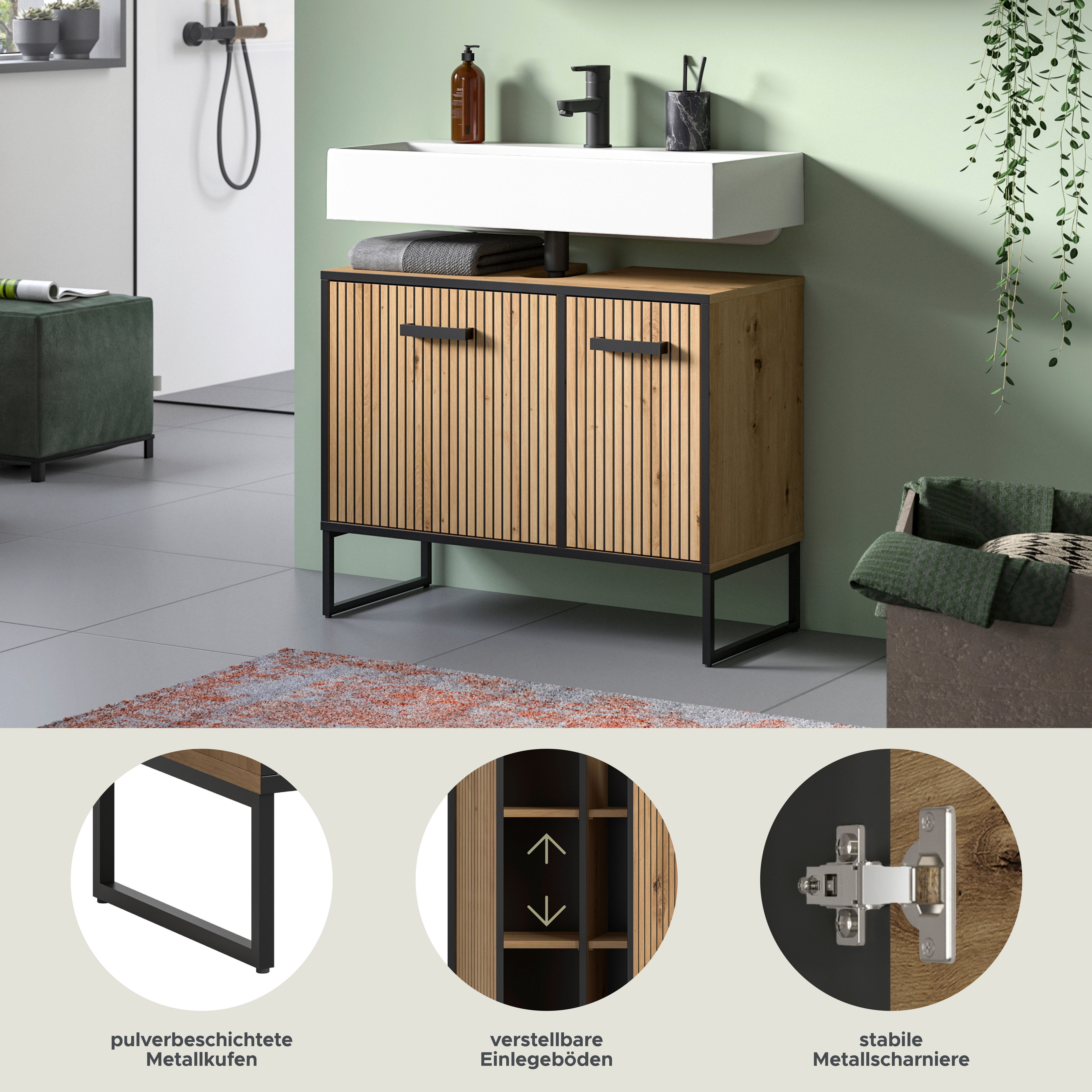 welltime Waschbeckenunterschrank LOCRI, Höhe 63 cm, 2 Türen, 2 Einlegeböden, mit Siphonausschnitt (1-St., industrial Look mit Rillenoptik & Metall Kufen) Badmöbel, Badschrank, Badkommode, Kommode, Schrank, Bad, Badezimmer