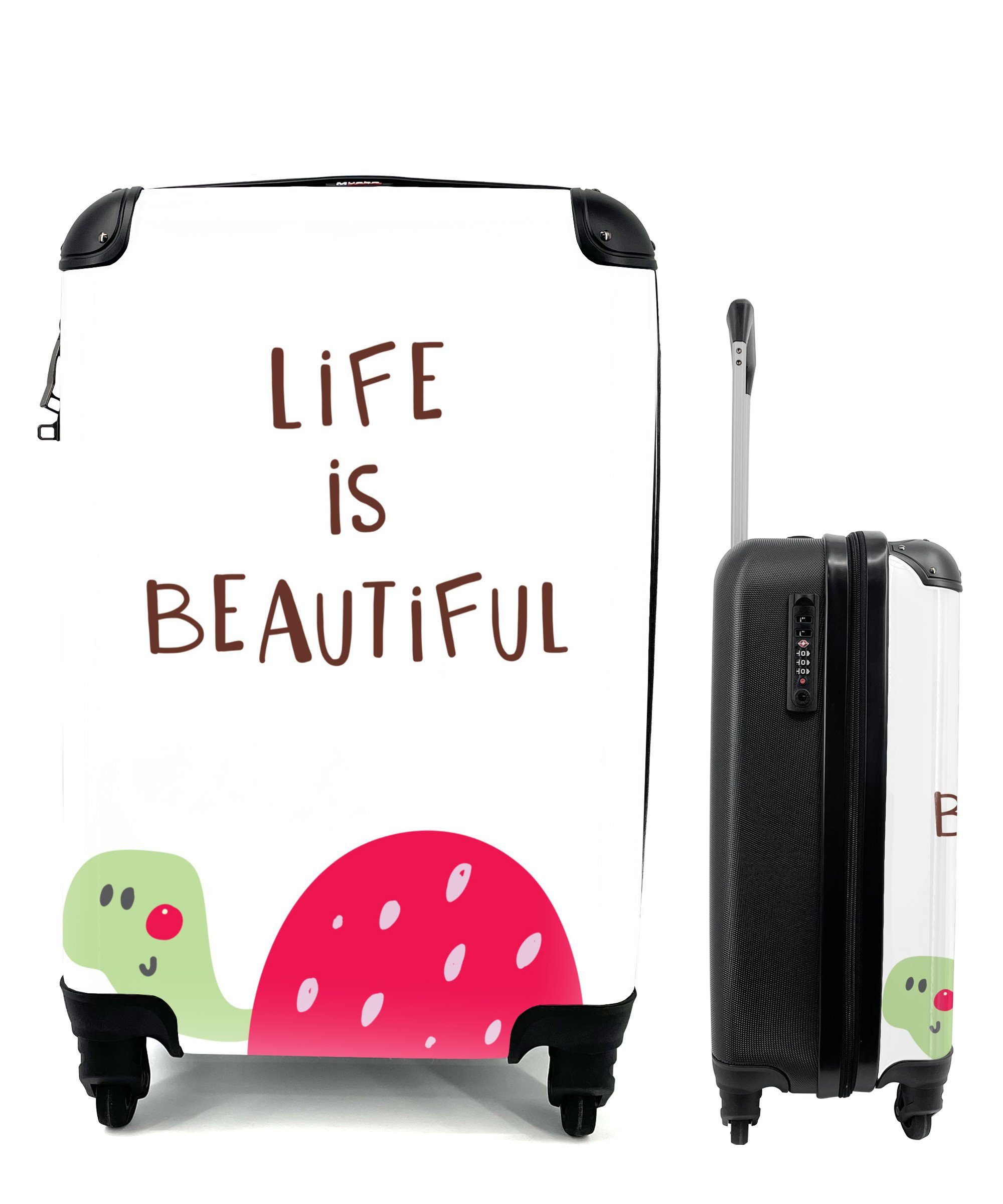 MuchoWow Handgepäckkoffer Illustration mit einer Schildkröte und dem Zitat "Das Leben ist, 4 Rollen, Reisetasche mit rollen, Handgepäck für Ferien, Trolley, Reisekoffer