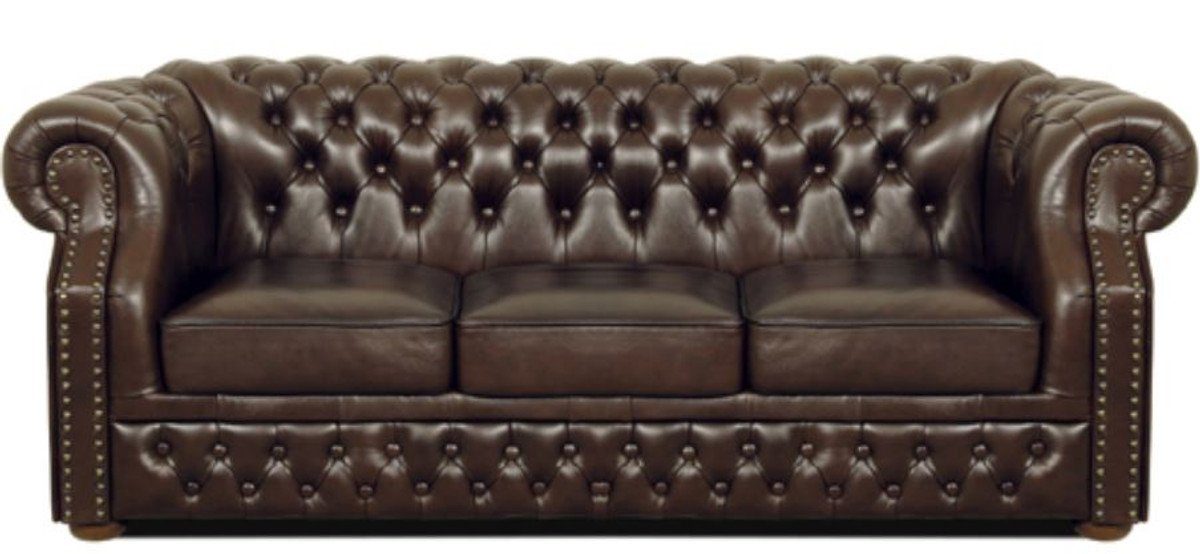 Casa Padrino 3-Sitzer Luxus Echtleder 3er Sofa Dunkelbraun 210 x 90 x H. 80 cm - Chesterfield Sofa