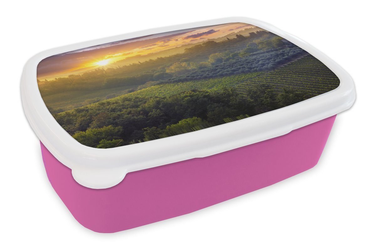 MuchoWow Lunchbox Toskana - Landschaft - Sonne, Kunststoff, (2-tlg), Brotbox für Erwachsene, Brotdose Kinder, Snackbox, Mädchen, Kunststoff rosa