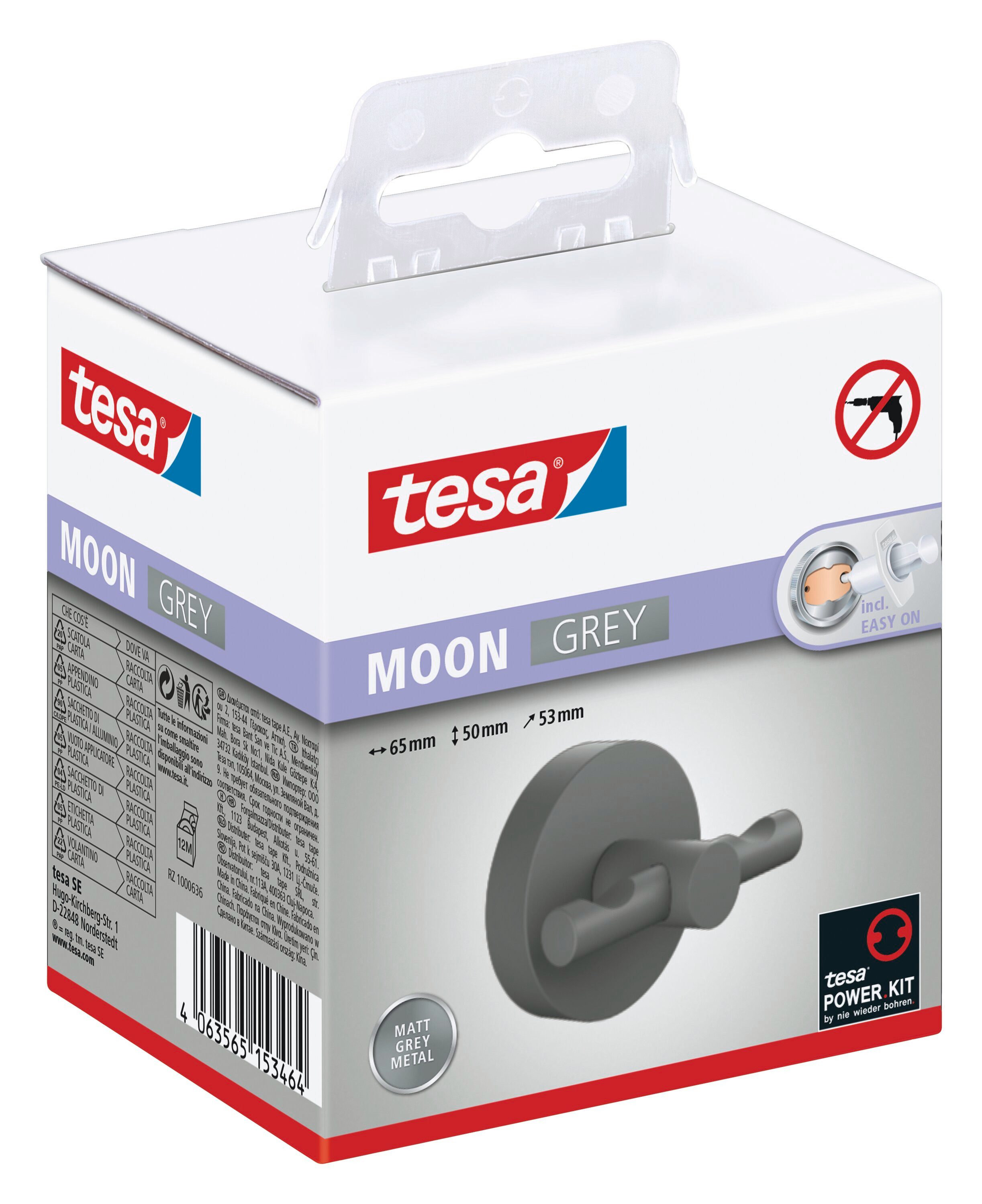 tesa Handtuchhaken MOON Bademantelhaken ohne Bohren - 7,2 x 6,5 x 5,3 cm, Badezimmer, Gäste-WC, Wandmontage, (Packung, 1-St., inkl. Klebelösung), selbstklebende Handtuchhalterung - grau