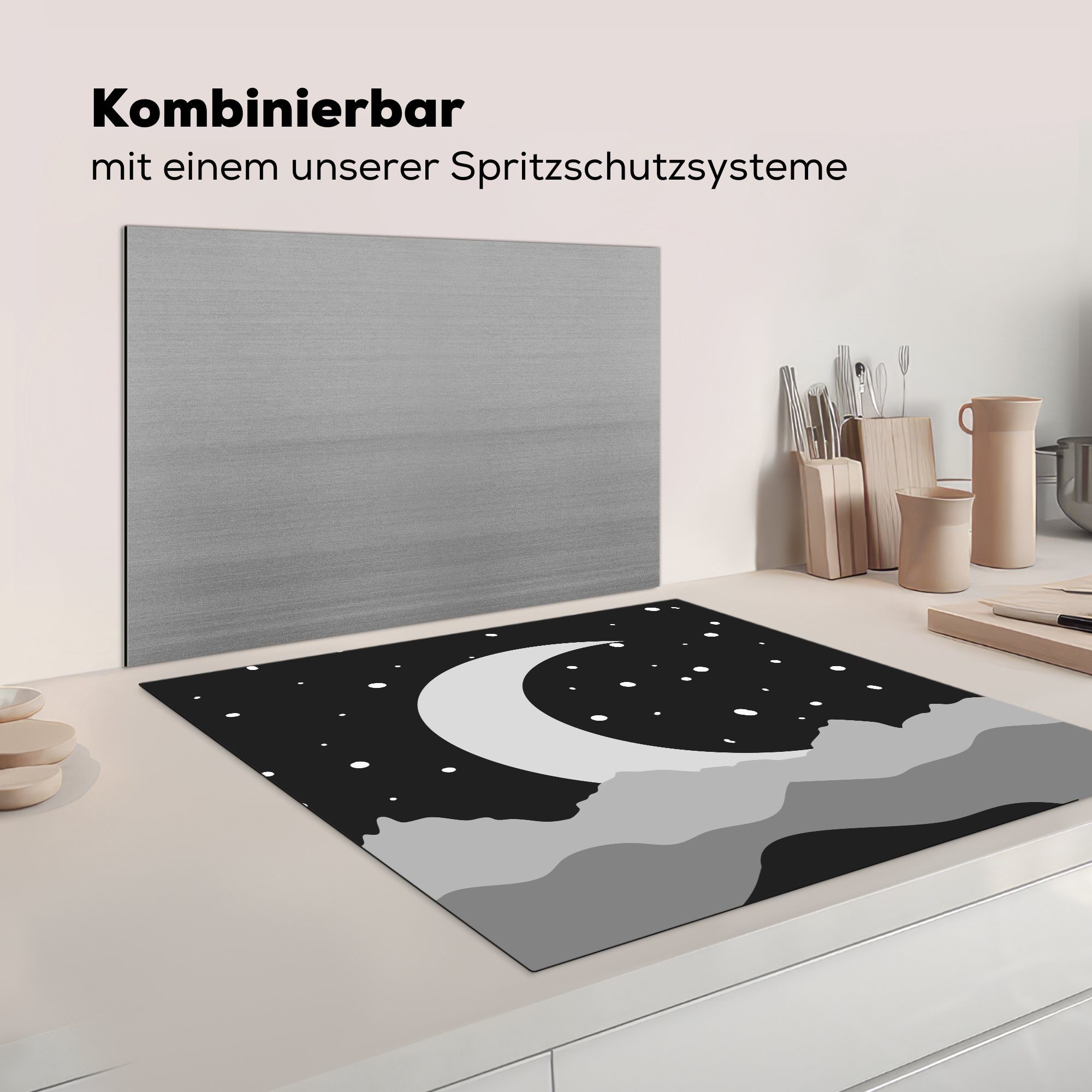 MuchoWow Herdblende-/Abdeckplatte küche Mond Arbeitsplatte - tlg), 78x78 - (1 Ceranfeldabdeckung, cm, Vinyl, Weiß, Schwarz für - Nacht