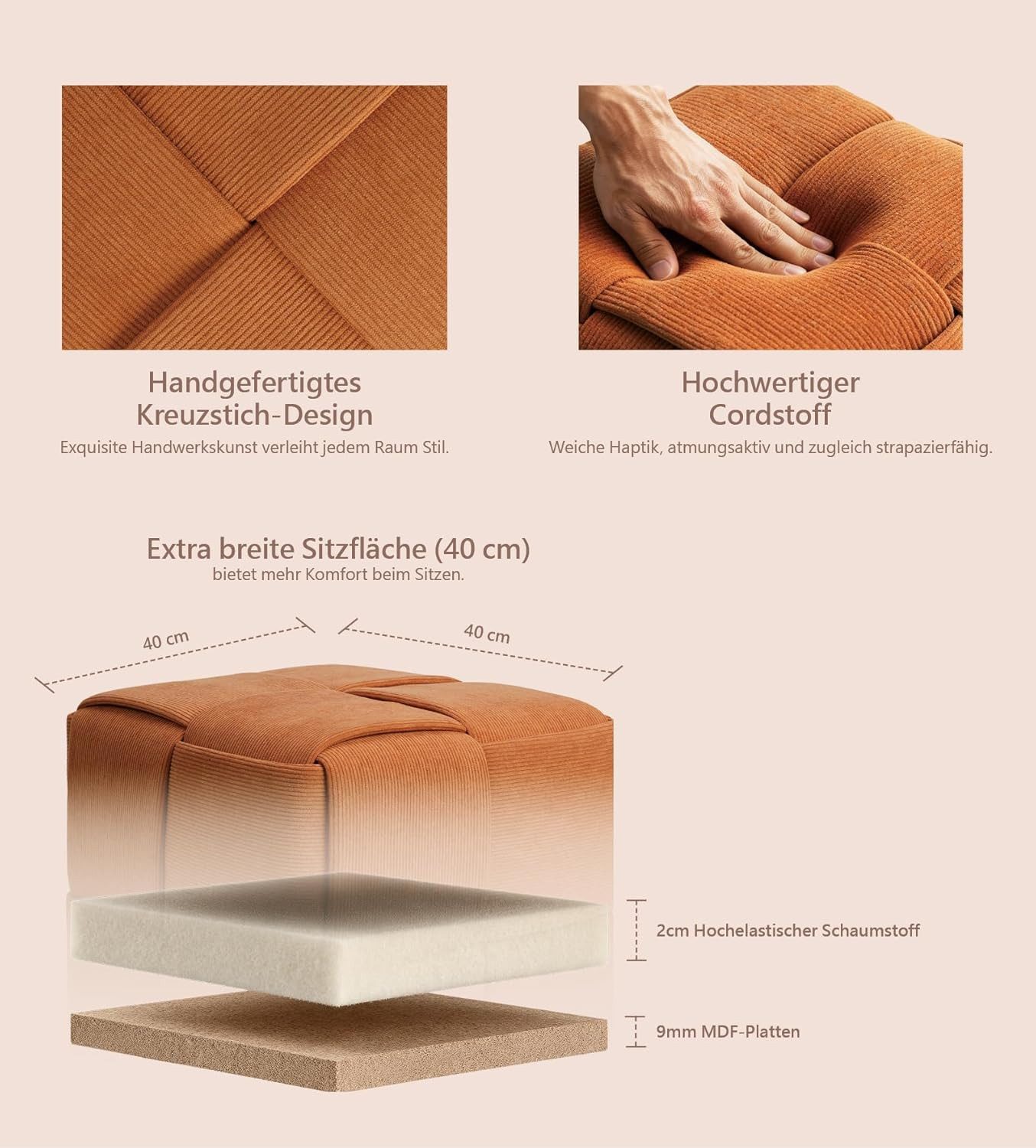 Zedelmaier Sitzhocker Würfel Cord, Sitzcube Ottoman, Fußhocker aus Cordstoff