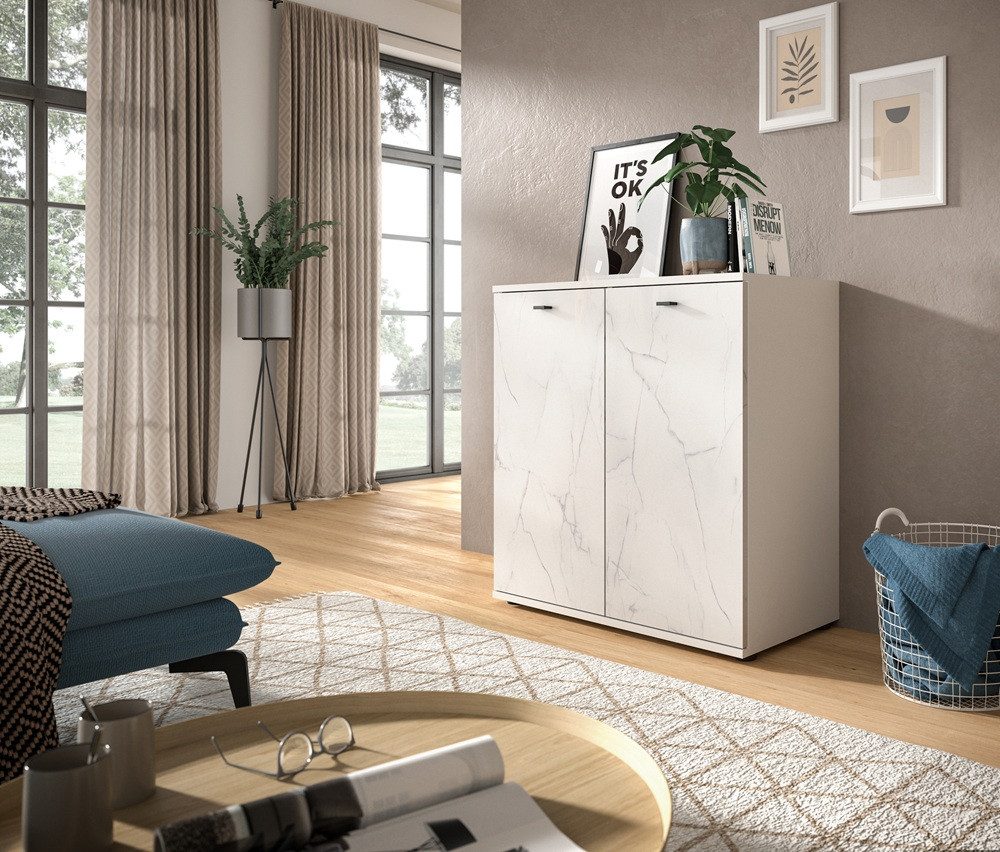 xonox.home Sideboard Kommode Stone, weiß, Marmoroptik, Sideboard, Wohnzimmerkommode ca. 90 cm