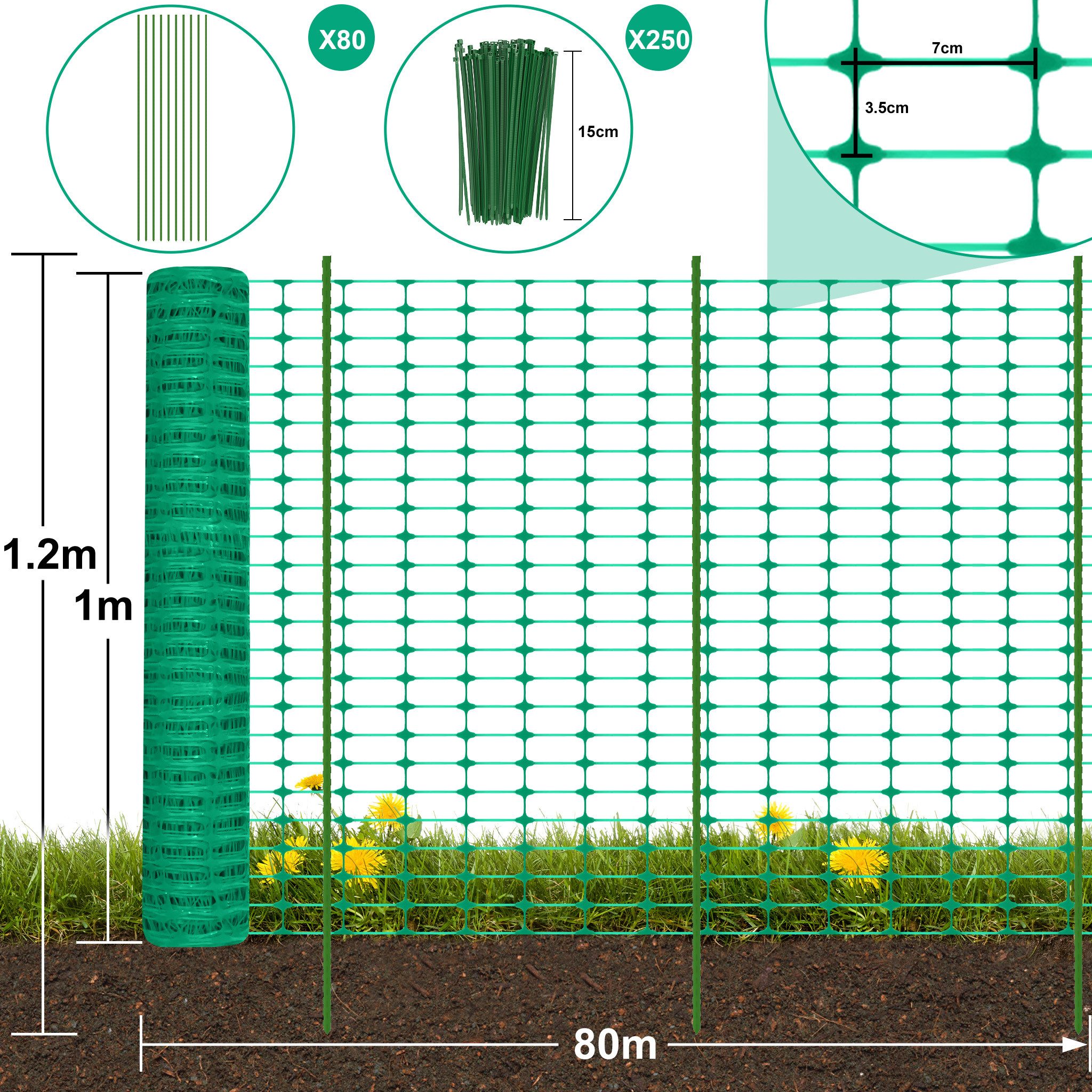 FIVMEN Wildzaun Absperrzaun Bauzaun Begrenzungszaun, Nutztierzäune 100 cm hoch, für Geflügelgehege Warnnetz, Grün(mit Bodenspikes)