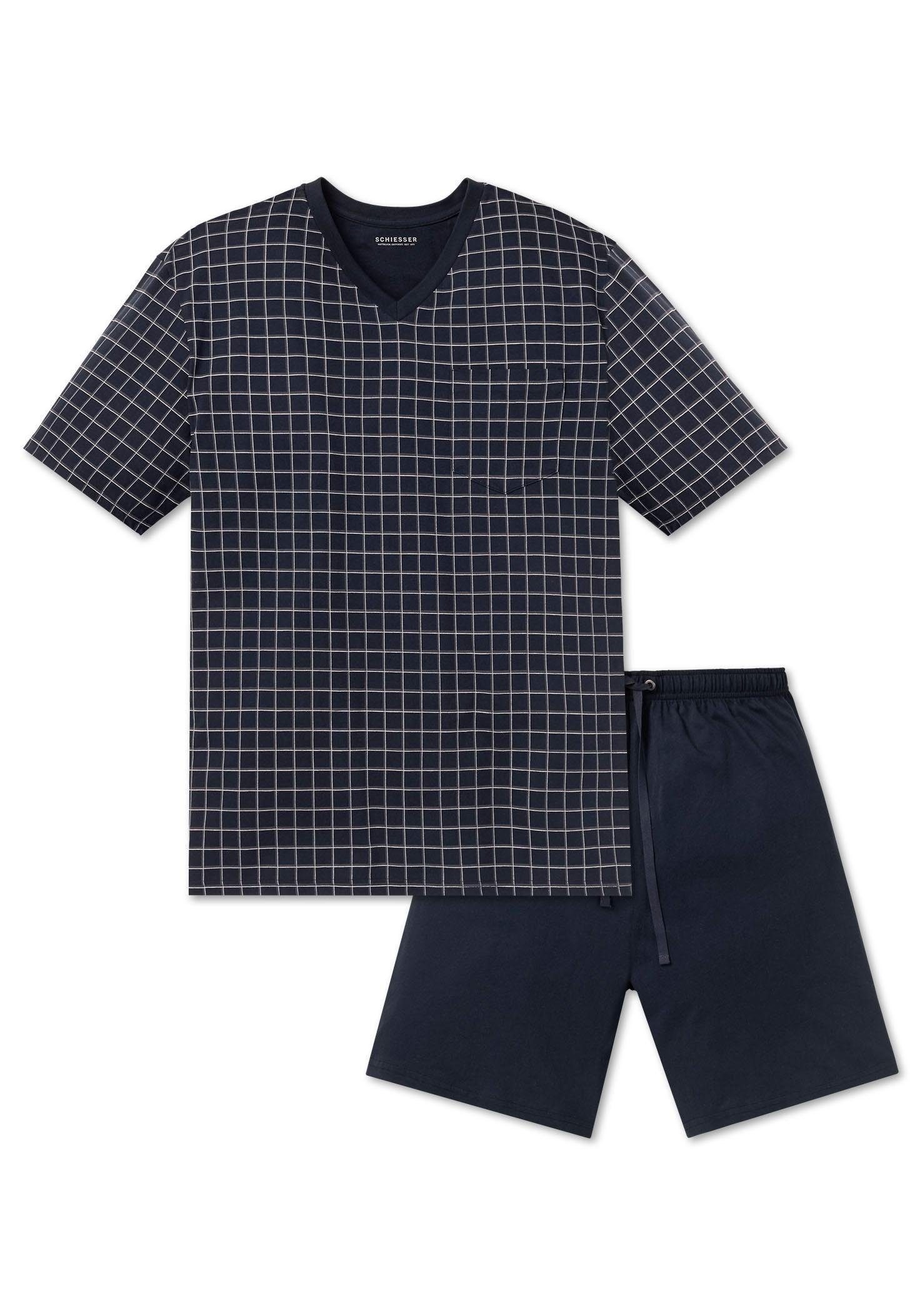 (2 / Pyjama mit Stück) navy weiß-grauen Shorty Schiesser Karos tlg., karierter 1 Unterteil navy kurz