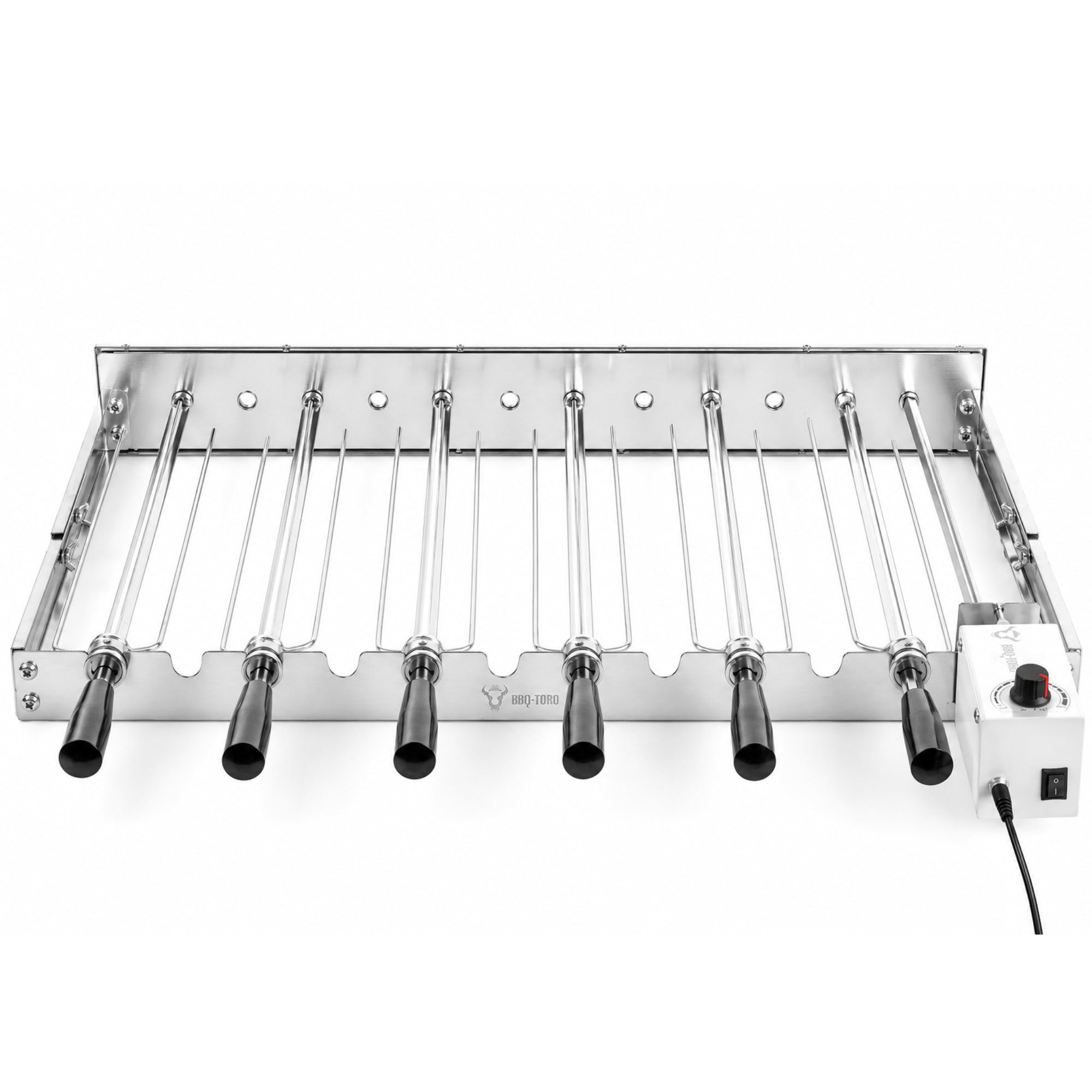 BBQ-Toro Drehspieß Edelstahl Grillaufsatz mit 6 Spießen, 70 x 40 cm, Motor rechts, Inklusive geschwindigkeitsregulierbarem Motor