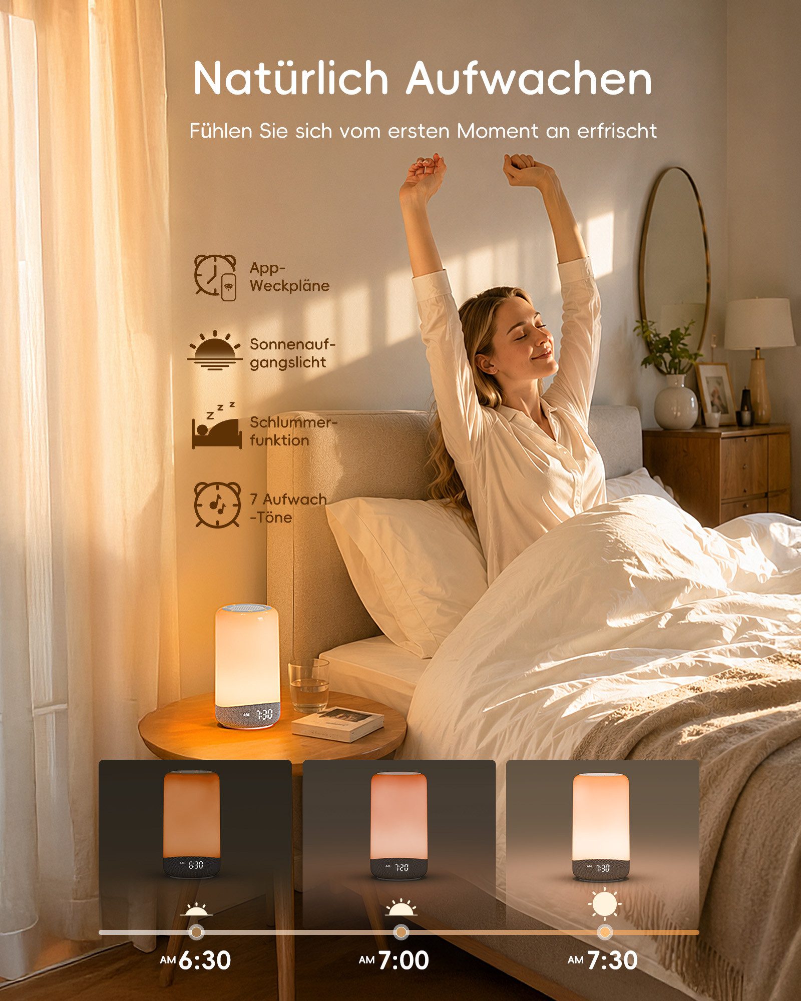 eCozy Tageslichtwecker 3-in-1 Lichtwecker mit 26 Klängen, 17 Lichteffekten und App-Steuerung Sonnenaufgangssimulation, Weißes Rauschen, Nachtlicht, 2.4 GHz WLAN – Bild 5 von 5