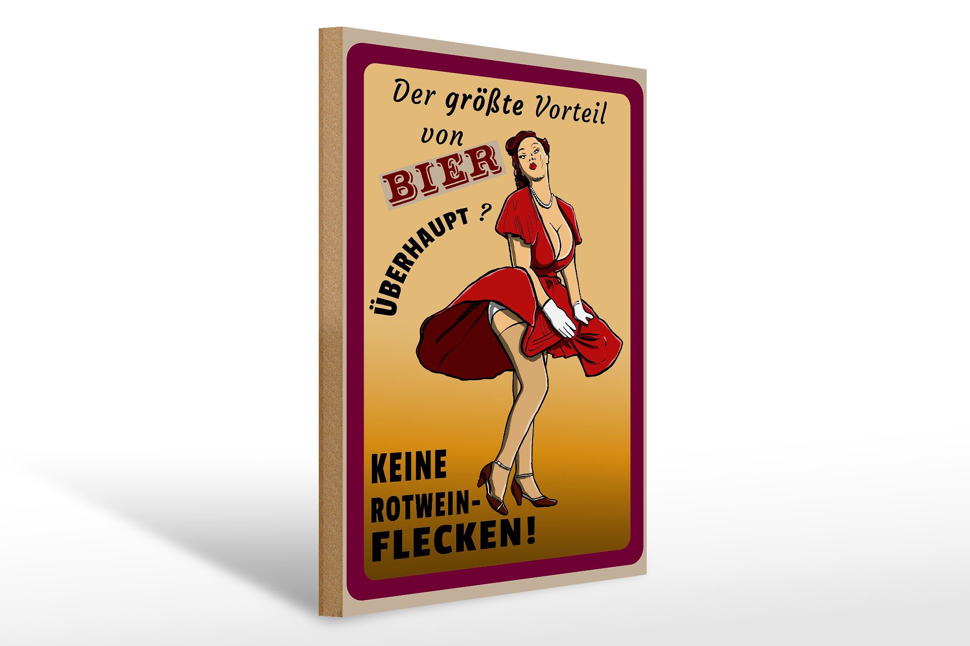 Holzbild Pinup 30x40cm Vorteil Bier keine Rotweinflecken