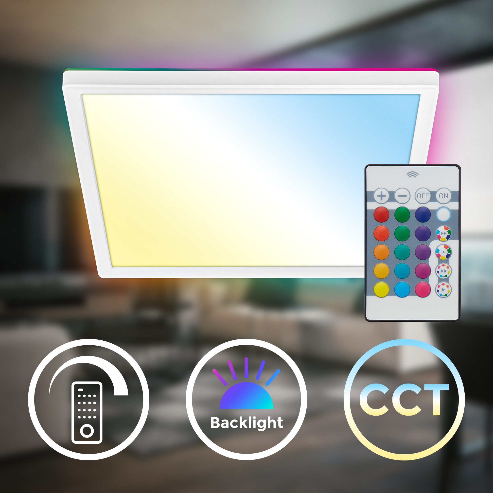Briloner Leuchten LED Panel flach dimmbar Fernbedienung CCT RGB Backlight, LED fest integriert, 2700 - Extra-Warmweiß, 18W/22W