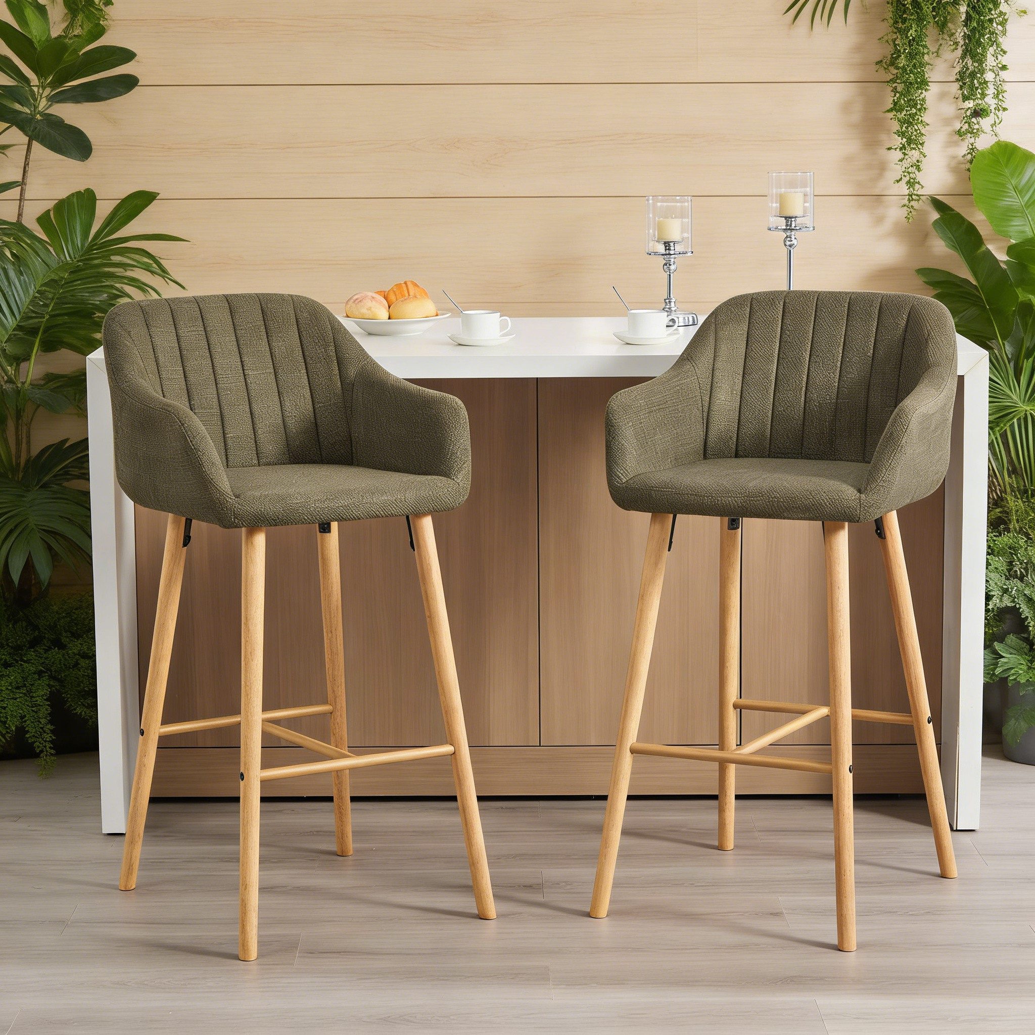 BlingBin Barhocker Küchenstühle Bistrohocker mit hoher Rückenlehne und Armlehnen (2er-Set, 1 St., 58,5 x 55 x 104 cm Bequeme Leinen-Sitze, stabile Holzbeine), mit Leinen bezogenen Sitzen und Holzbeinen, für Küchen, Kücheninseln