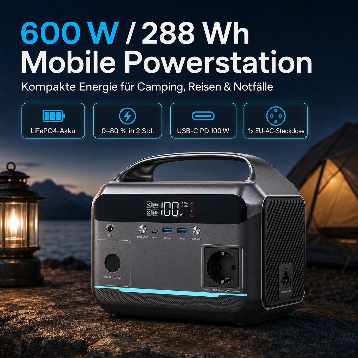 Goldstern-Tech Powerstation 288Wh Powerstation, 600W Ausgangsleistung, USB-C & Solarladung (12V - 28V V), Tragbare Powerstation 288Wh Akku, USB-C, Solarladung,  – Bild 2 von 5