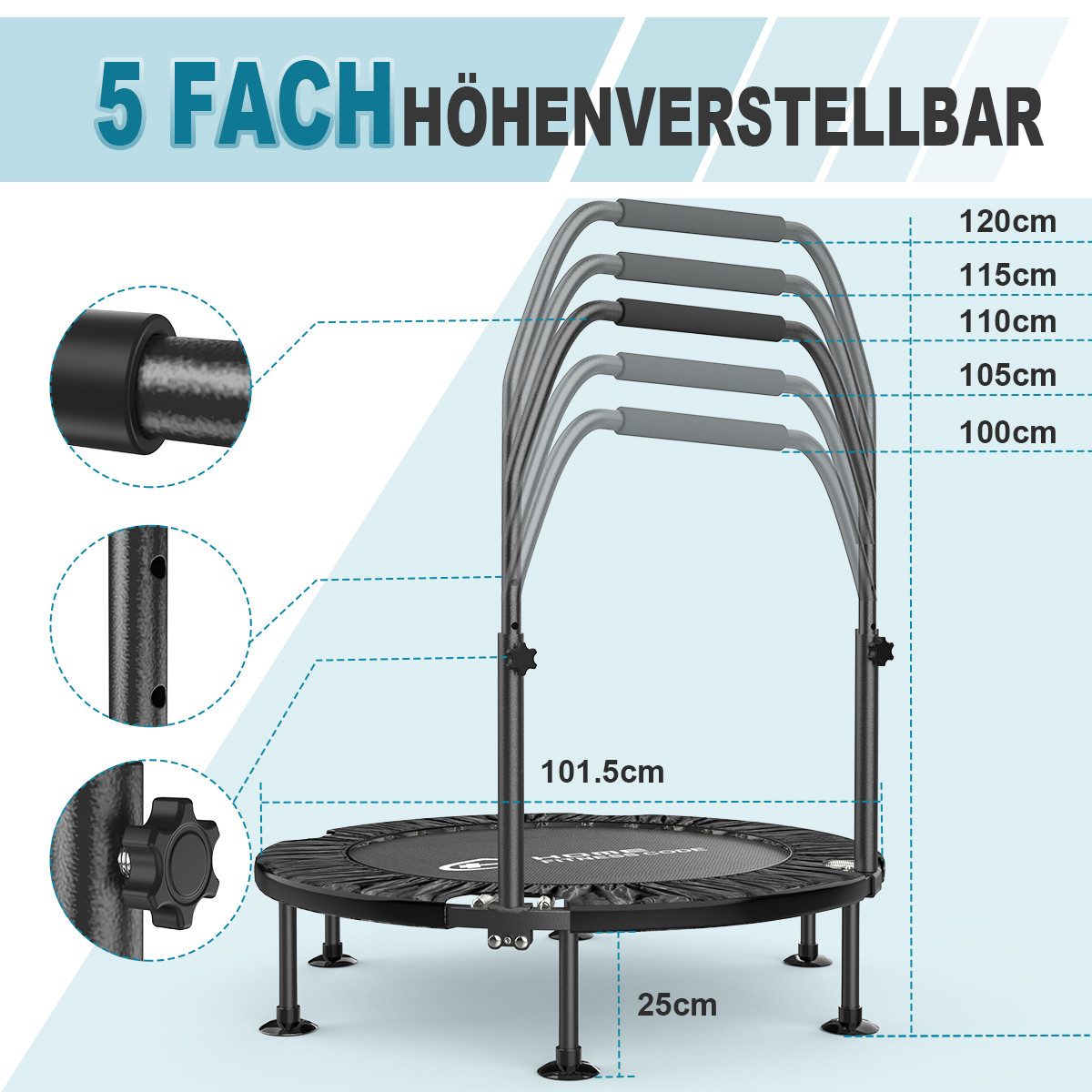 ZAISZE Fitnesstrampolin Indoor Trampolin klappbar ohne Installation 40 Zoll, Ø 102 cm, Tragfähigkeit 150KG, 5 verstellbare Handgriffstufen