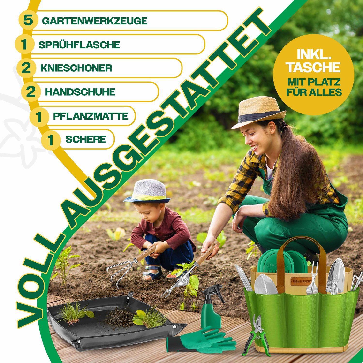KESSER Gartenpflege-Set Gartenwerkzeug Set 10-teilig Gartengeräte mit ergonomischen Holzgriff, Handschaufel, Handgabel, Unkrautstecher, Handkelle, Handharke & Schere