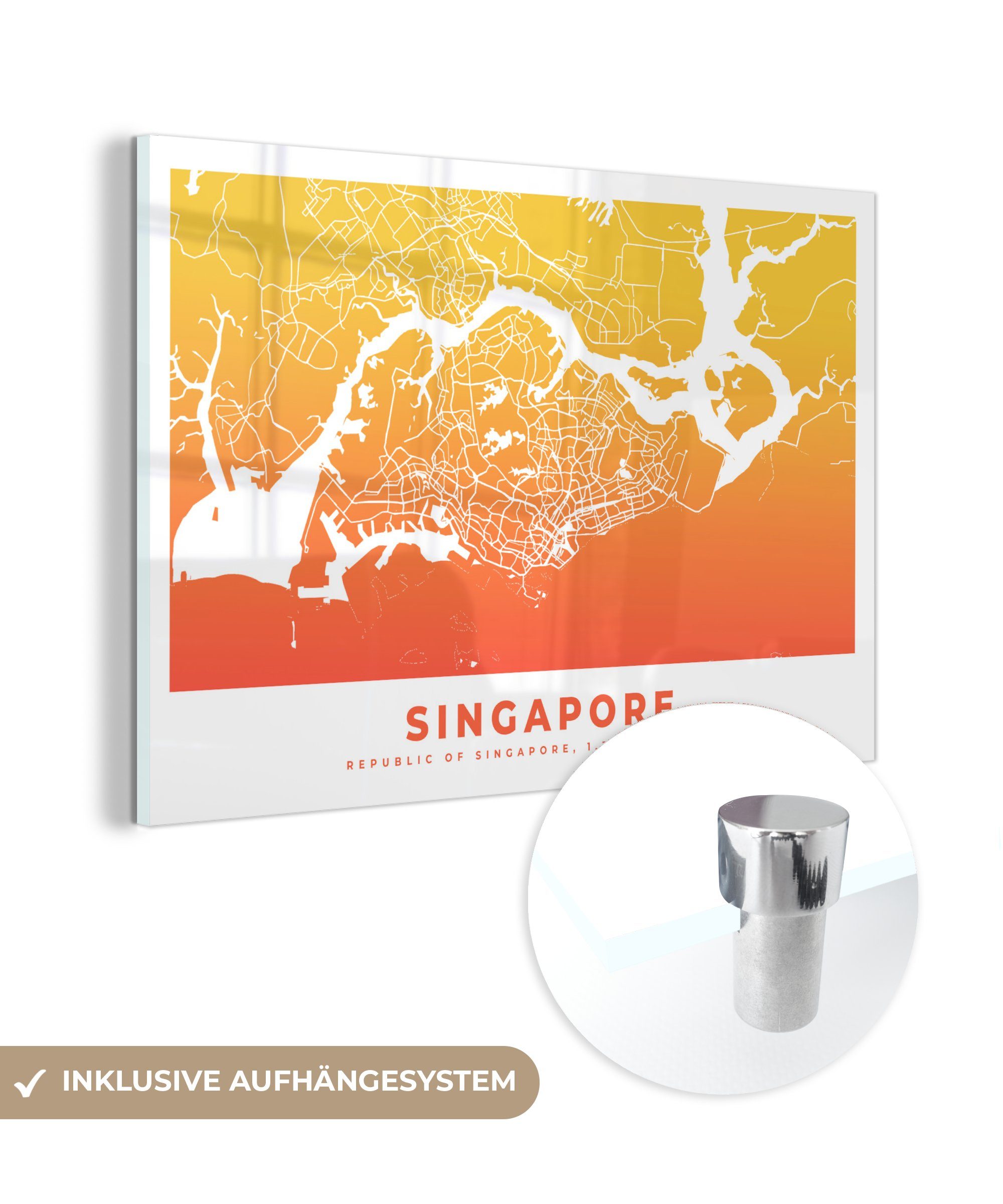 MuchoWow Acrylglasbild Singapur - Karte, (1 St), Acrylglasbilder Wohnzimmer & Schlafzimmer