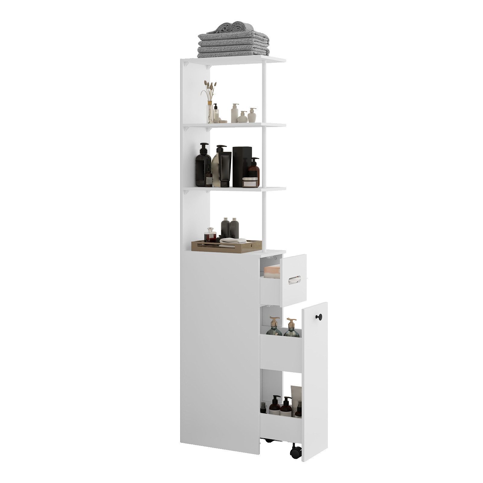Puluomis Badkommode Badezimmschrank mit Schubladen, Hochschrank schmal (weiß/schwarz)