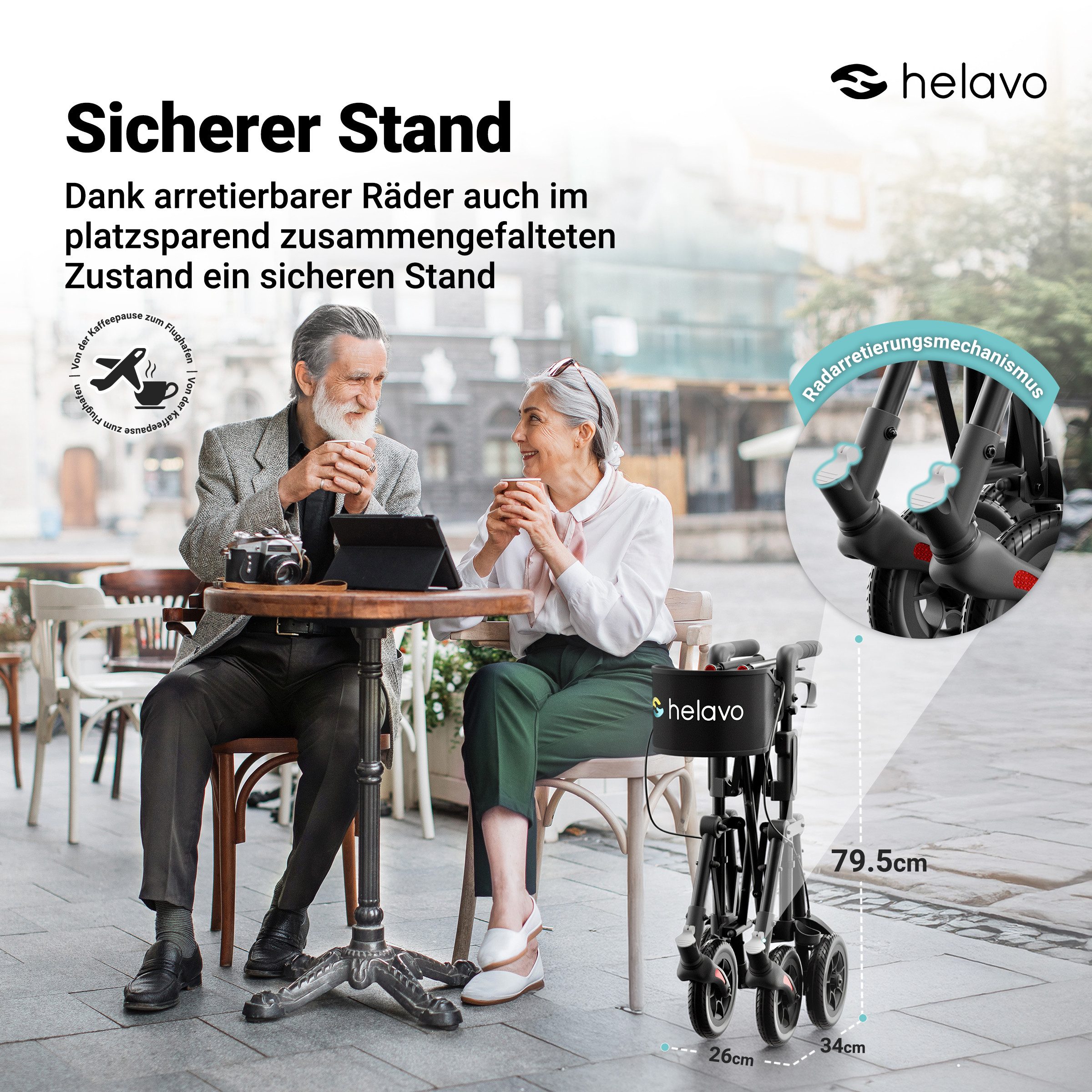 Helavo Rollator H1320, Reiserollator faltbar & leicht mit Sitz, verstellbare Griffe
