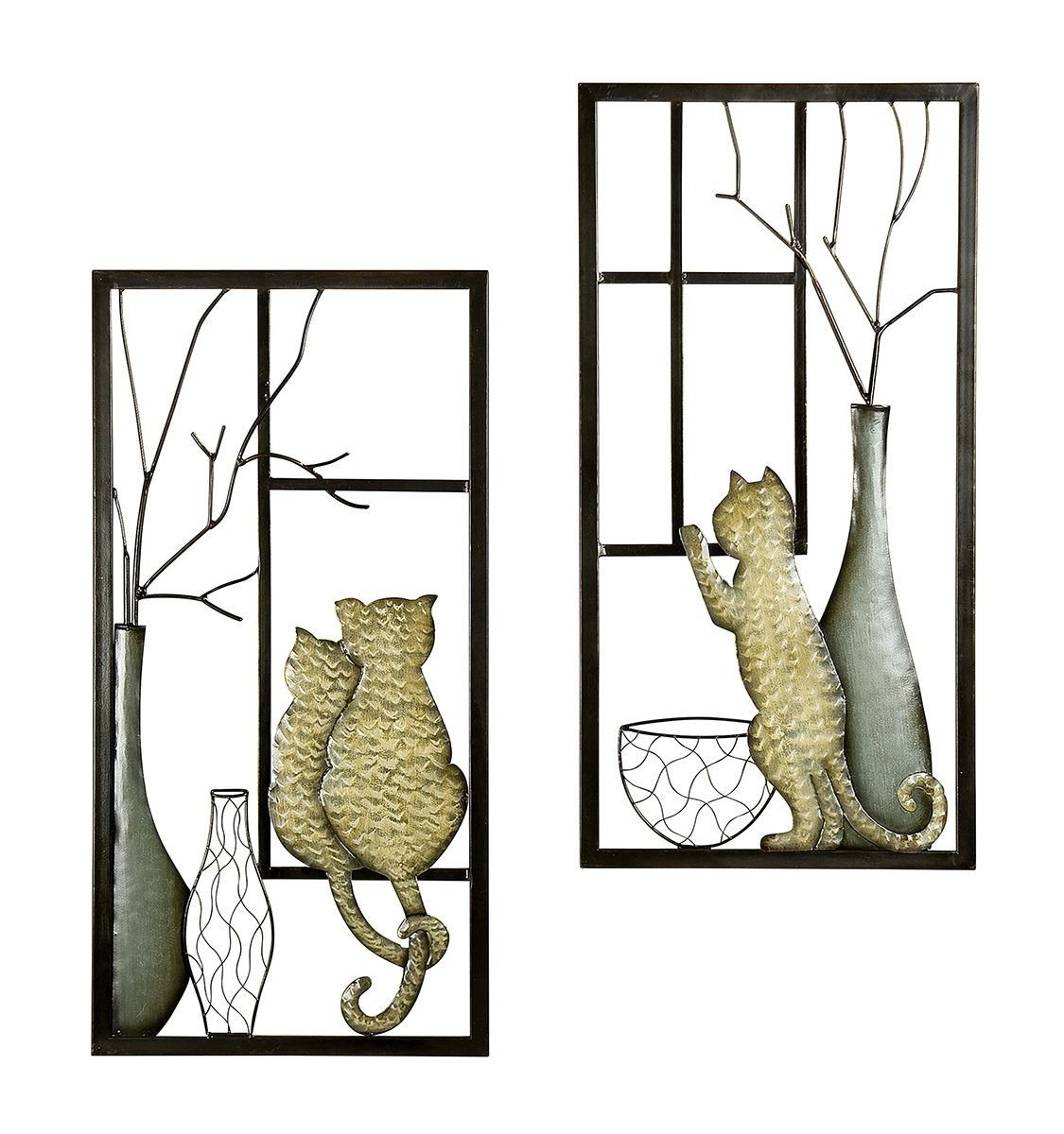 Dekoobjekt 2tlg. Wandobjekt Katze Vase - Handgefertigte Metall Kunst