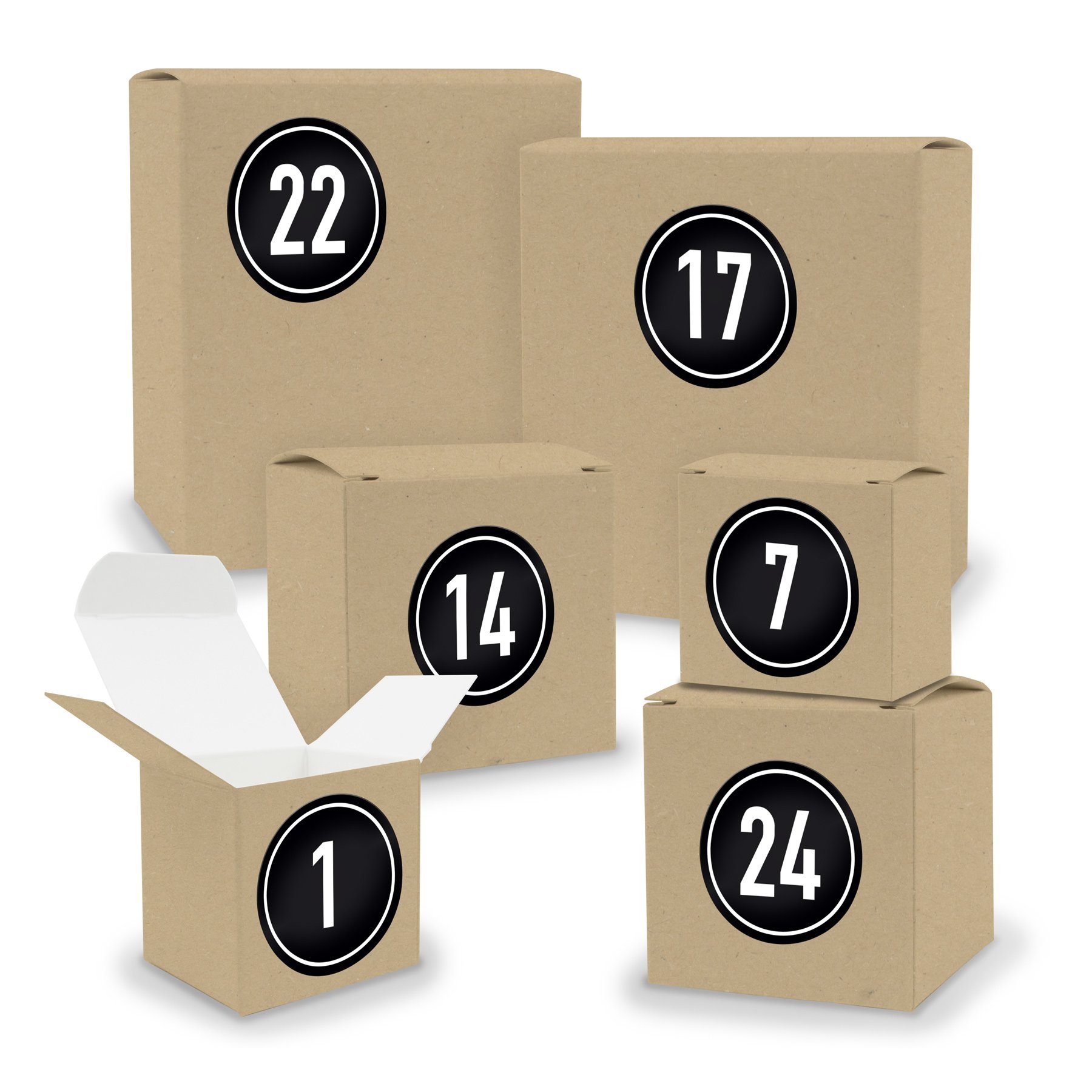 itenga befüllbarer Adventskalender Adventskalender zum Füllen 24x Quader Würfel gemischt BRAUN + Sticker