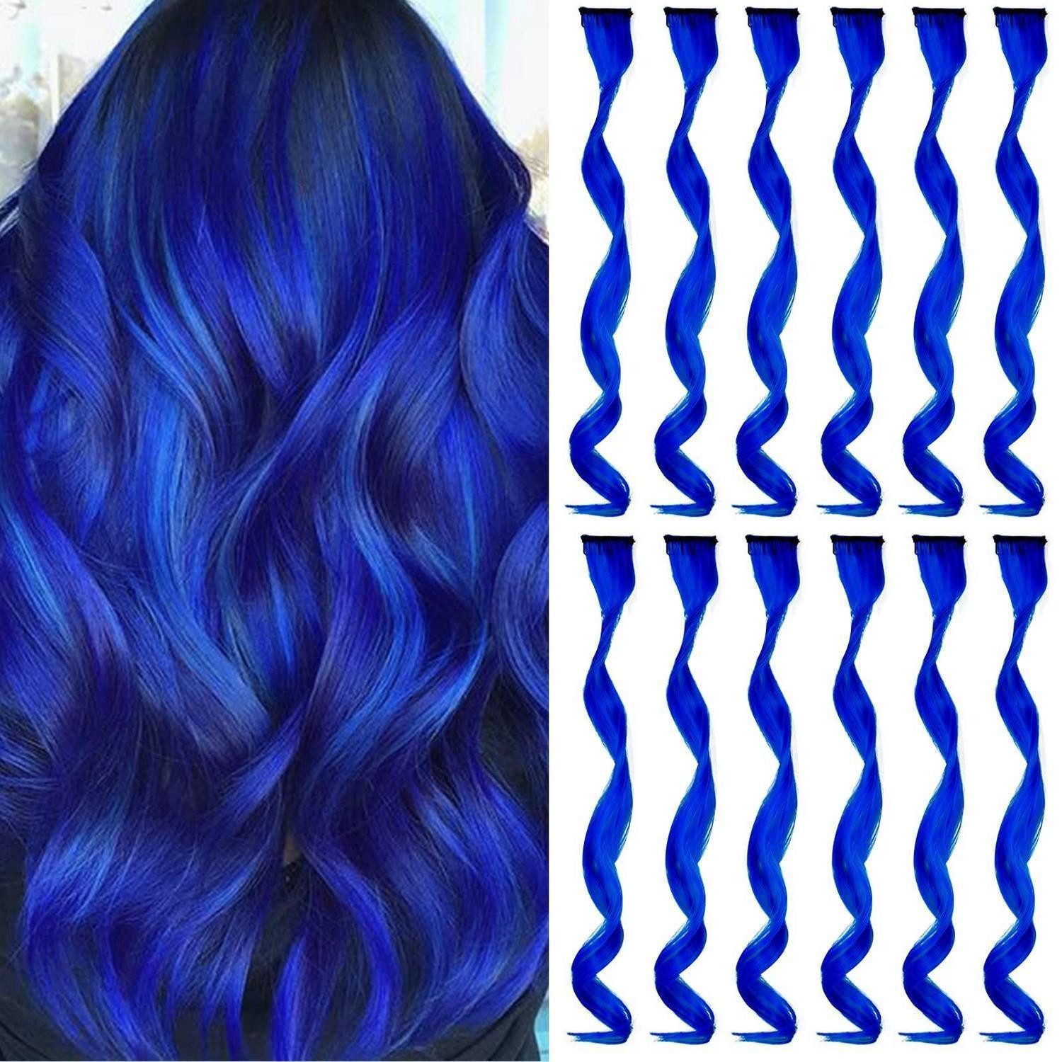 LuxusKollektion Kunsthaar-Extension Haarverlängerungen Clip In 17 Zoll Mädchen Frauen 12PCS Blau