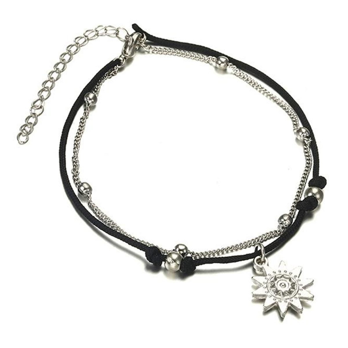 KARMA Fußkette mit Anhänger Fußkettchen Sonne Schwarz Silber Stoff Metall Fusskette (Damenfußschmuck Geschenk für Sie, Festivalschmuck), Strandschmuck Fußschmuck Urlaub Strand Accessoires