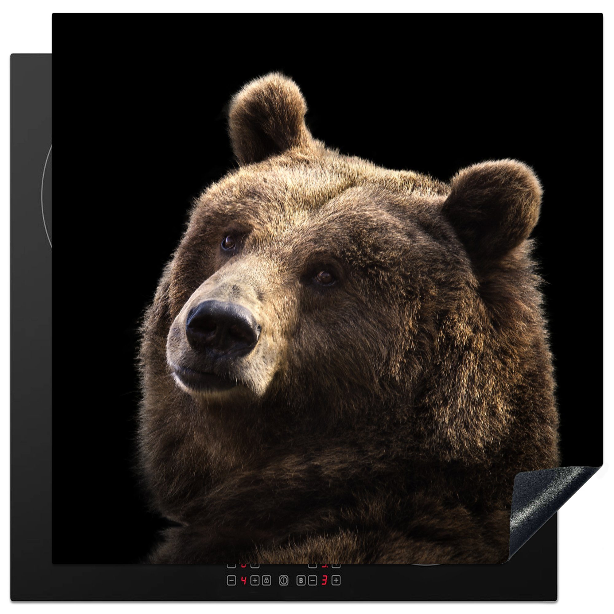 MuchoWow Herdblende-/Abdeckplatte Nahaufnahme eines Bären, der seinen Kopf dreht, Vinyl, (1 tlg), 78x78 cm, Ceranfeldabdeckung, Arbeitsplatte für küche