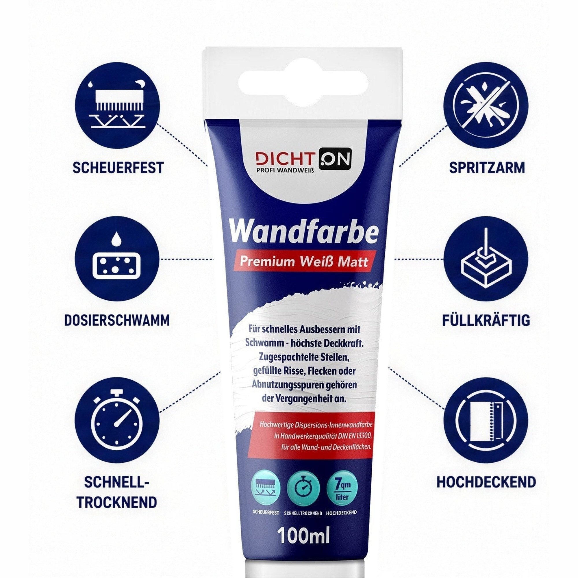 DICHTON Wandfarbe D.63W Wandfarbe Ausbesserungsfarbe weiß, Deckvermögen Klasse 1 bei 7qm/L