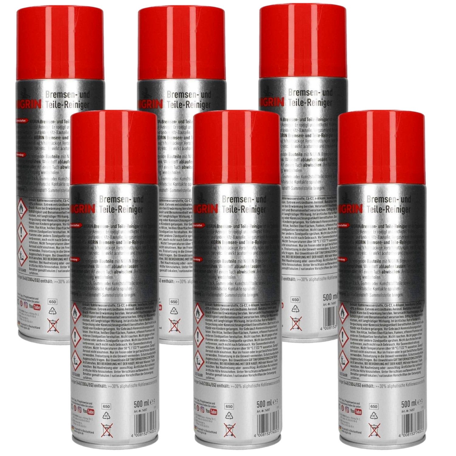 NIGRIN 6x Bremsen-Reiniger Spray Teile-Reiniger Enfettet Bremsenreiniger (6x Bremsen-Reiniger, [6-St. Set Nigrin Bremsen-Reiniger Spezial-Reiniger Motor Auto KFZ PKW)