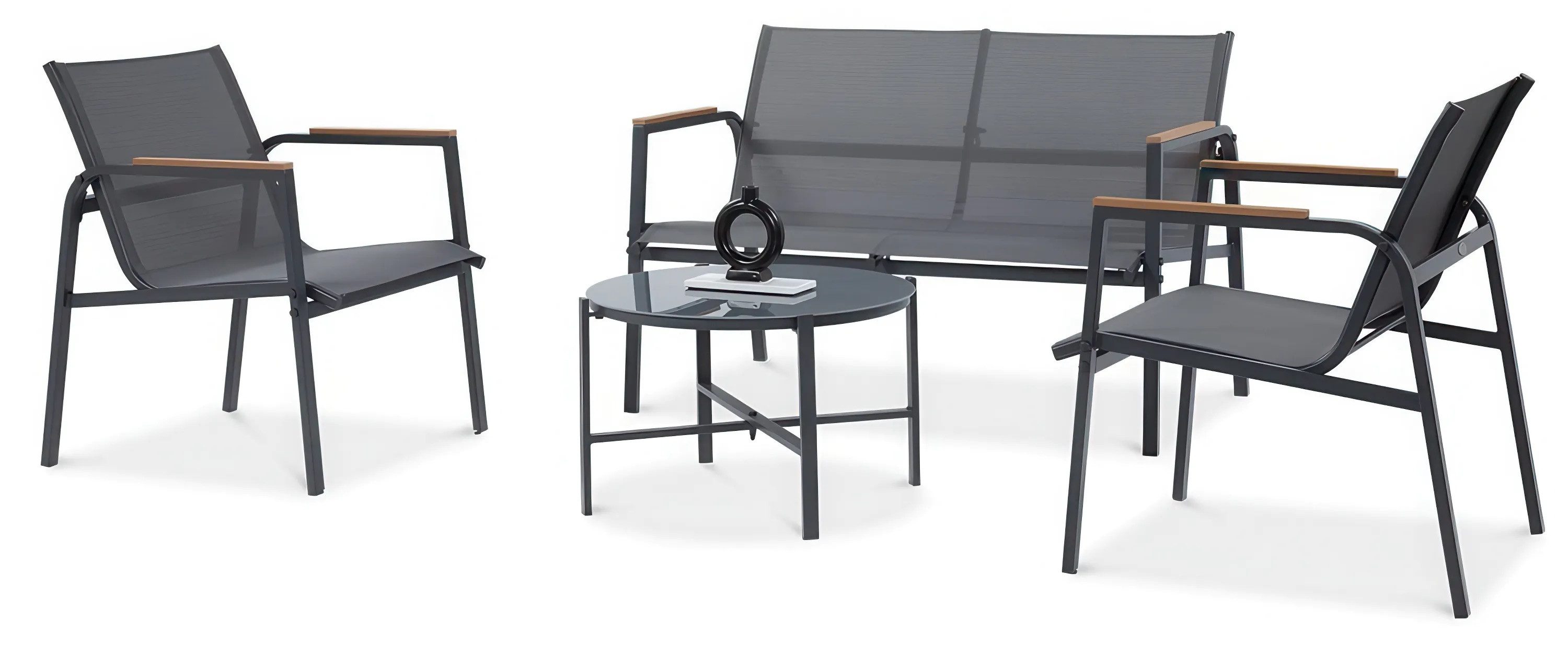Focus Garden Gartenlounge-Set "MANGO COFFEE" mit 2 Stühlen, Doppelsitzer und runder Tisch, (4-tlg), Polywood Holz-Optik Armlehnen, Stahl, Textilene
