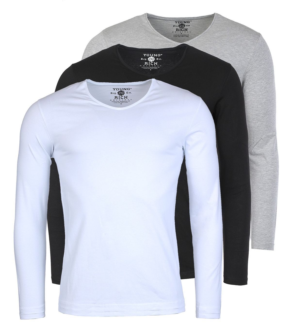 Young & Rich Langarmshirt Herren Uni Basic Longsleeve V-Ausschnitt Unterziehshirt 2001 3er Pack (3er-Pack, 3-tlg., 3er-Pack) V-Ausschnitt unifarben langarm slim fit
