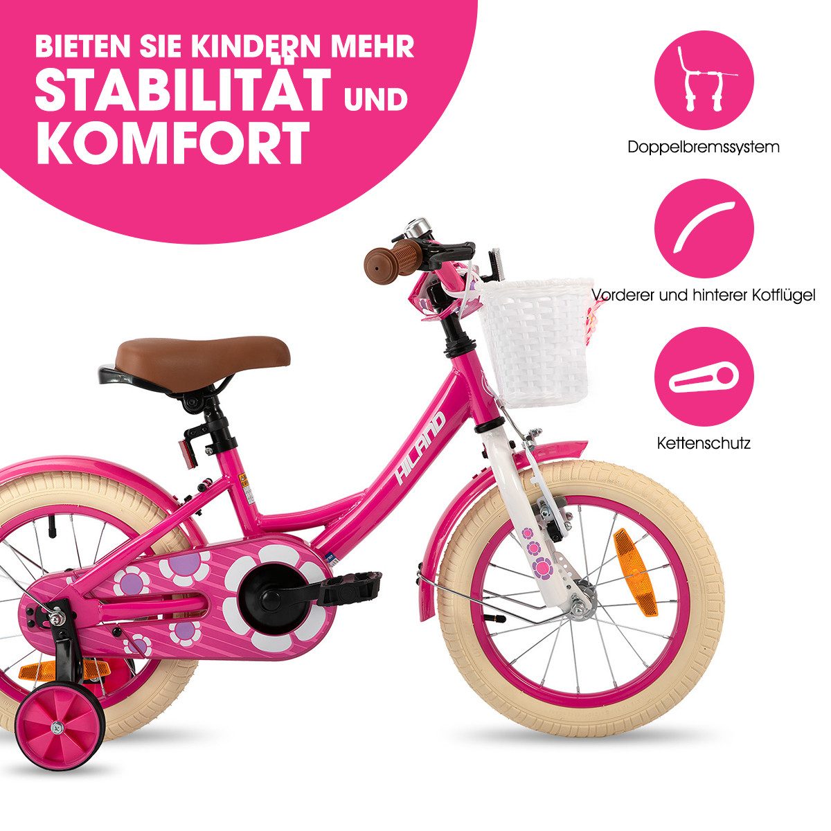HILAND Kinderfahrrad Petal 12/14/16 Zoll Mädchenfahrrad, Kinderfahrrad für Mädchen, mit Korb und Stützrädern, Kotflügel, Hilfsrad, Fahrradklingel