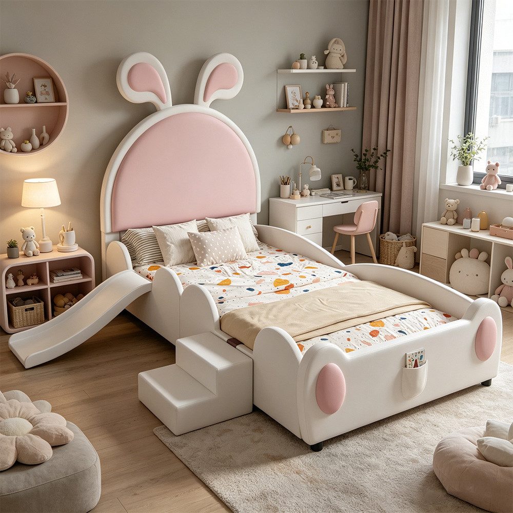 REDOM Kinderbett Polsterbett Bett (mit Kinderrutsche & Treppe, mit Aufbewahrungstasche, Kinder-Einzelbett mit rosa Hasenohren 90x200 cm), Ohne Matratze
