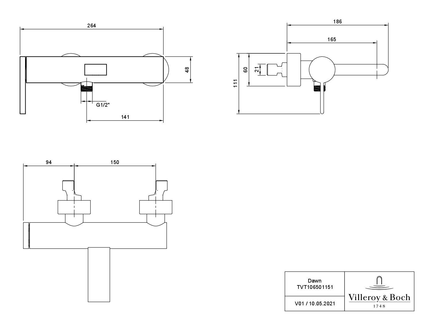 Villeroy & Boch Wannenarmatur Dawn Badewannenarmatur, gerader Auslauf, mit Umsteller, Wandmontage