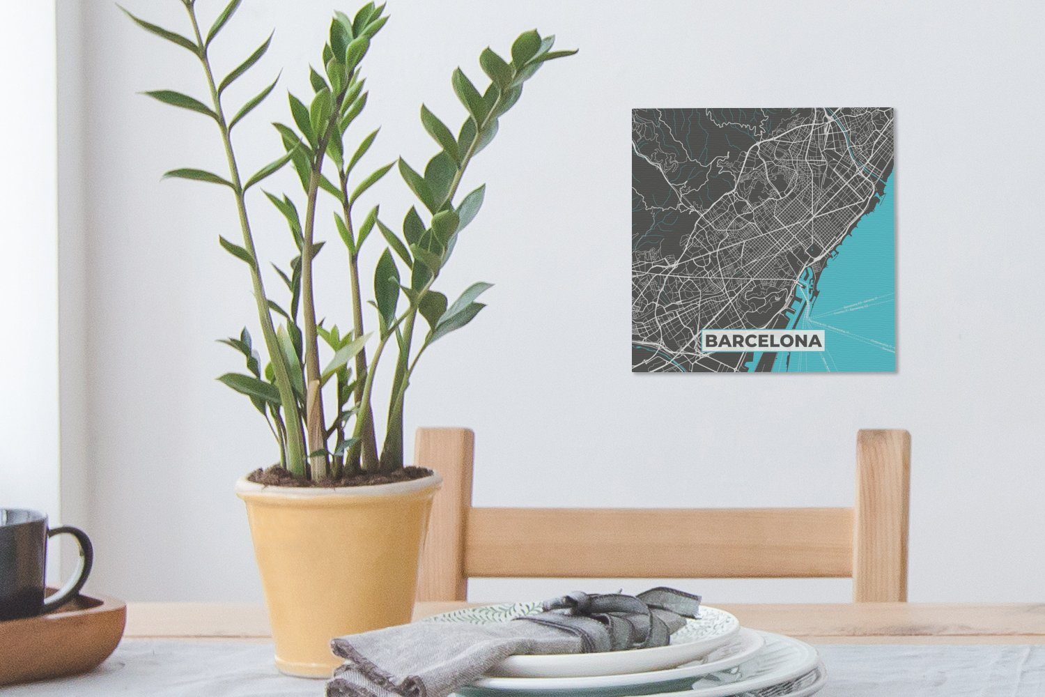 Bilder (1 Wohnzimmer Leinwandbild Blau St), Stadtplan, für - - Leinwand Schlafzimmer OneMillionCanvasses® - Barcelona Karte