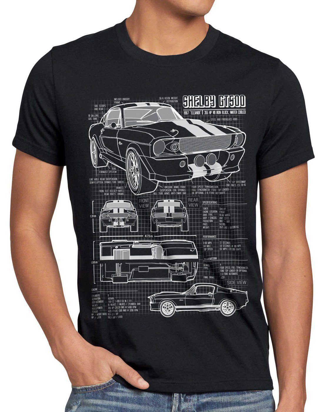 style3 Print-Shirt Herren muscle GT500 shelby pony T-Shirt schwarz ford car mc Eleanor bullit queen mustang