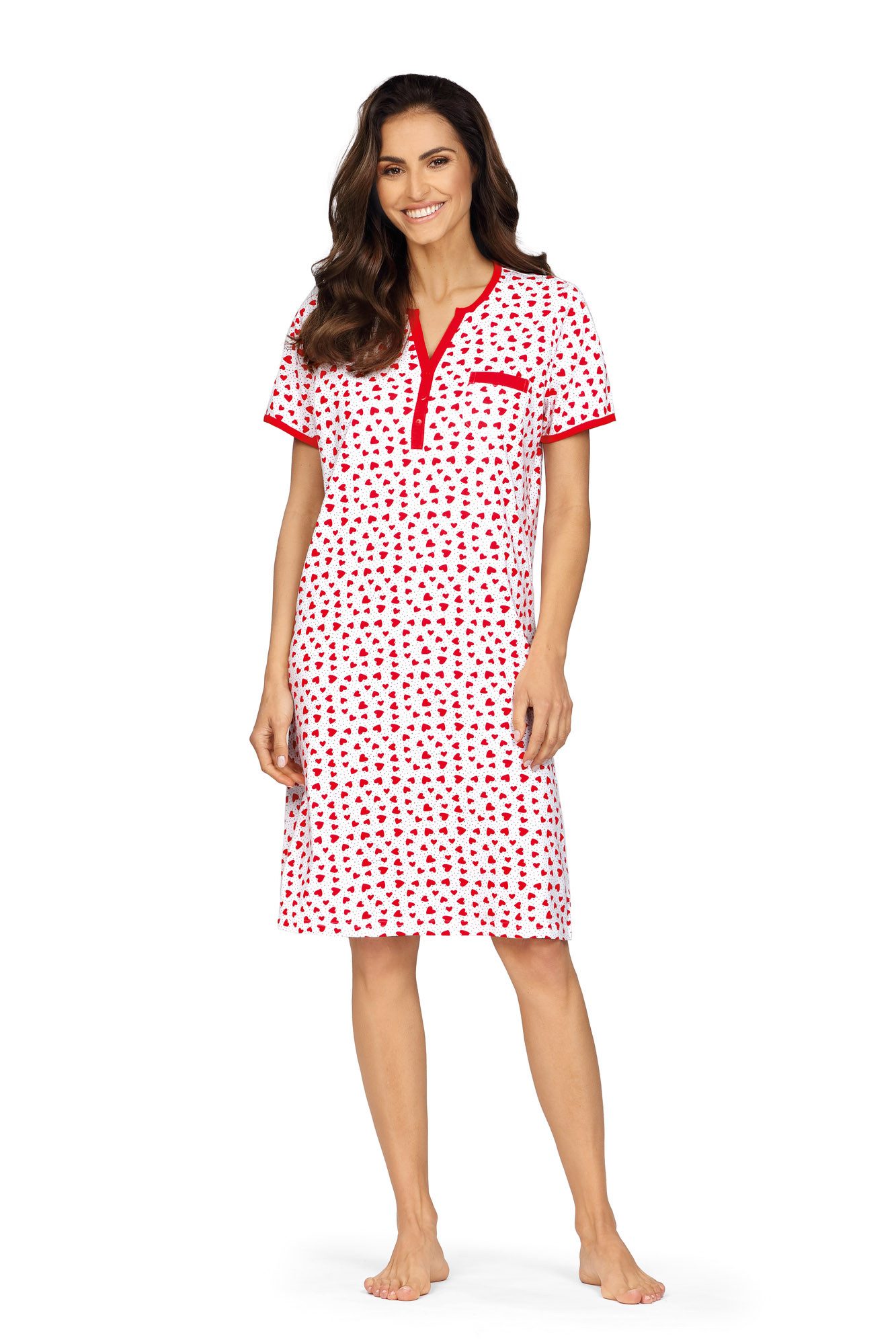 comtessa Nachthemd Comtessa Damen Nachthemd kurzer Arm Knopfleiste Rot Herzchen (1-tlg) Herzchen Nachthemd, 100% Baumwolle