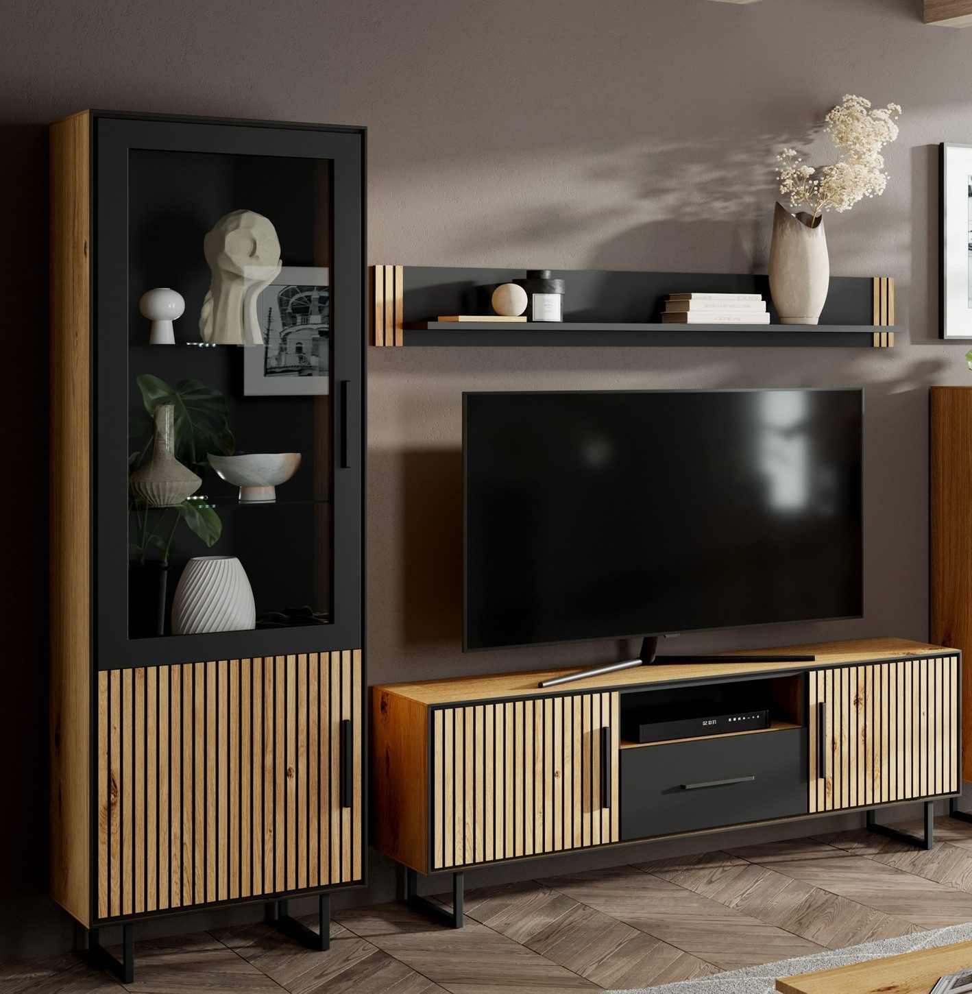 Lebenswert Wohnwand Eddie, (3-teilig), (3-teilig) in Eiche / schwarz - 239x197x40 (BxHxT)