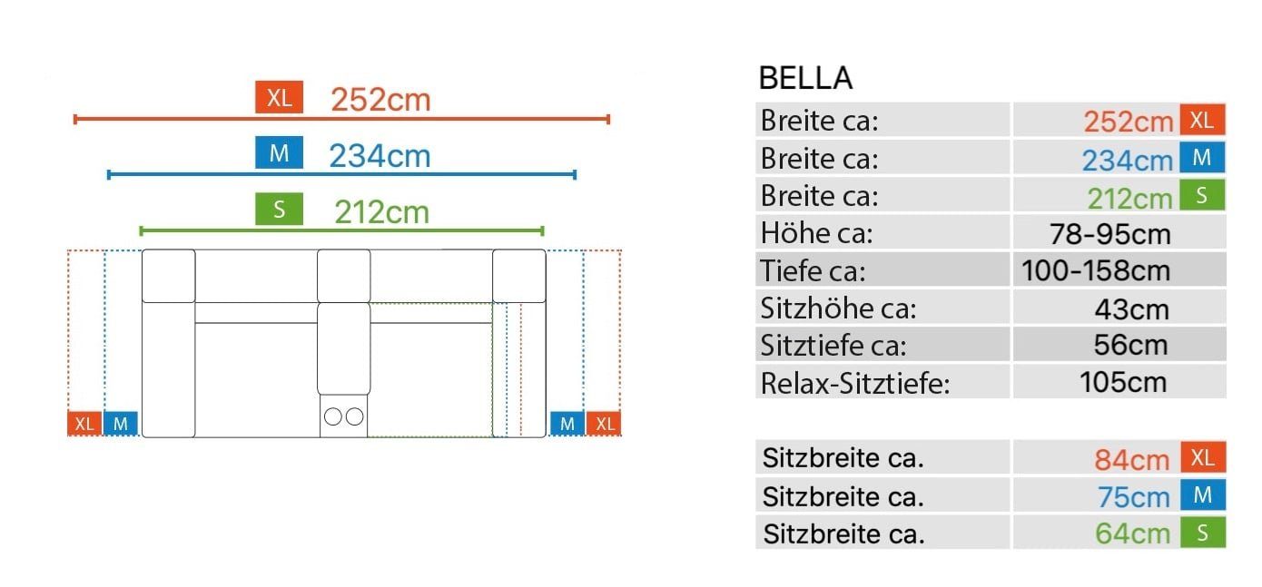 x 100 M: Hellbraun Sofa 2-Sitzer in Stoff cm 234 BELLA Sofanella Kinosofa