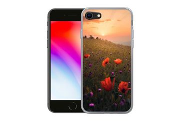 MuchoWow Handyhülle Blumenfeld - Gras - Pflanzen - Sonnenuntergang - Orange, Handyhülle Apple iPhone 8, Smartphone-Bumper, Print, Handy Schutzhülle
