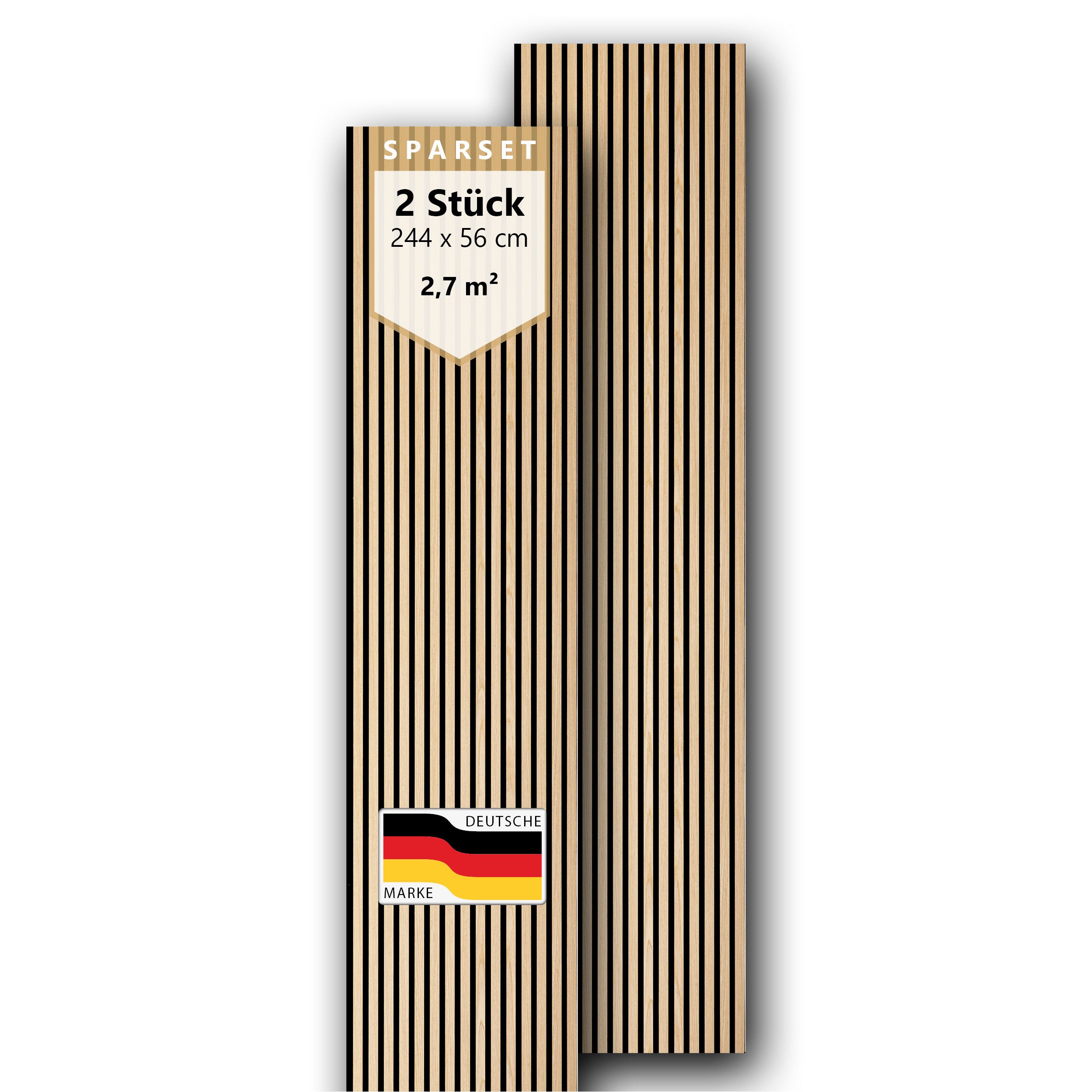 SONIDO Wandpaneel Sparset XXL Premium Akustikpaneele mit Eiche Echtholzoberfläche, BxL: 56,00x244,00 cm, 1,36 qm, (Sparset mit 2, 3 oder 4 Paneelen, 2-tlg., Versandkostenfreie Lieferung) 15 Leisten mit schwarzem 9 mm Filz-Akustikträger je Paneel