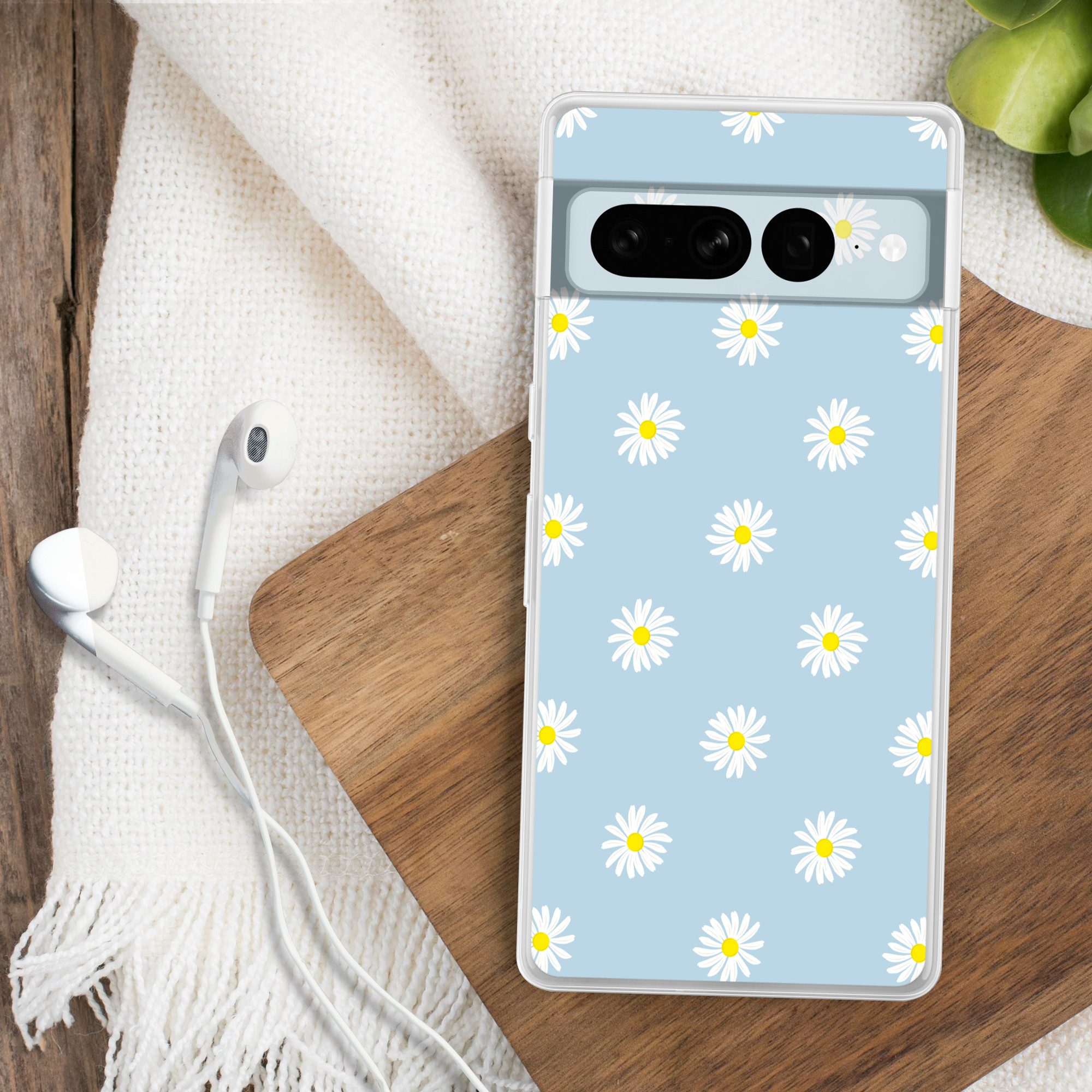 MuchoWow Handyhülle für Google Pixel 7 Pro Gänseblümchen - Pastell - Weiß - Blau - Blumen, Phone Case, Silikon, Schutzhülle Dünn