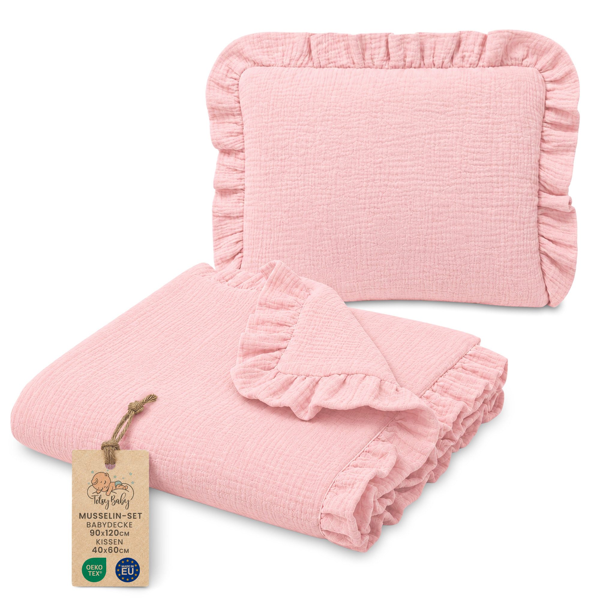 Babydecke Musselin Decke Baby Set 75x60 cm + Kissen 40x30 cm mit Rüschen, Totsy Baby