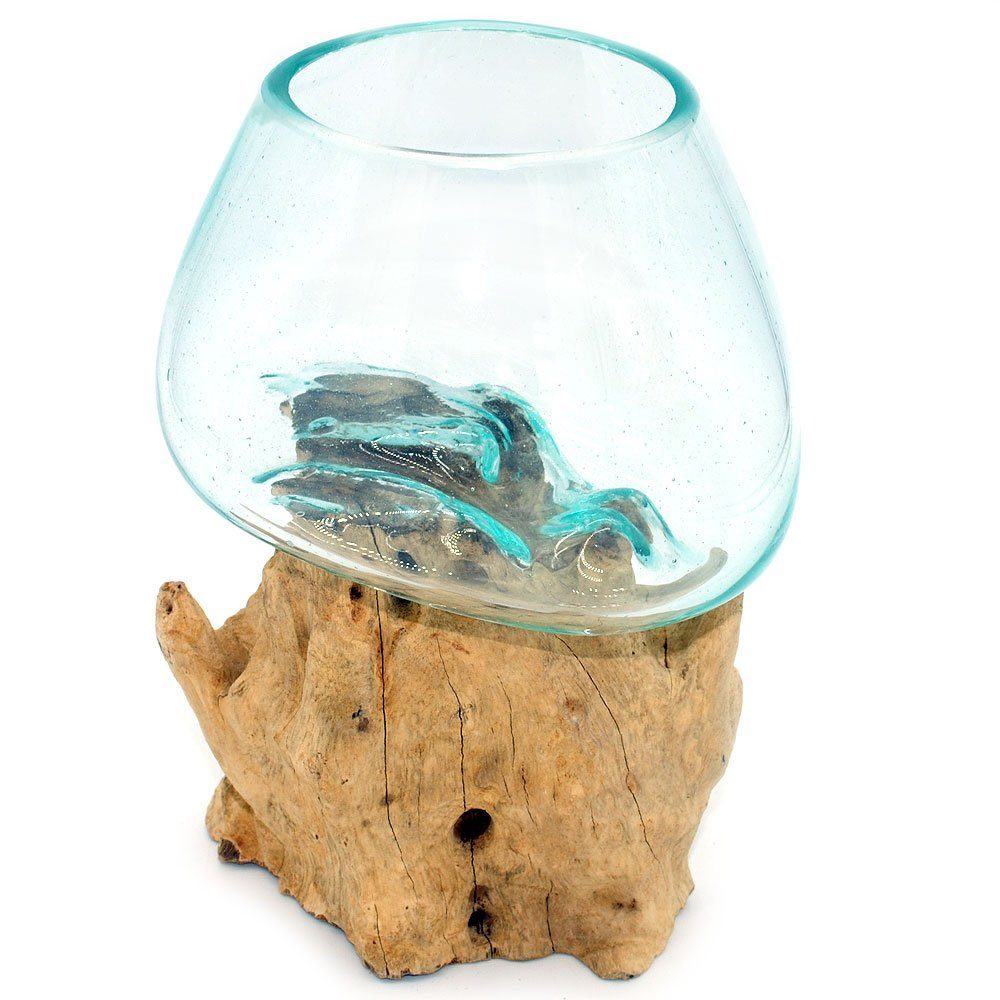 Gedeko Dekovase Deko Wurzelholz mit Glasvase, Glasdeko Kugelvase klein rund, Vase Glas auf Holz Ø 11-12 cm | Dekovasen